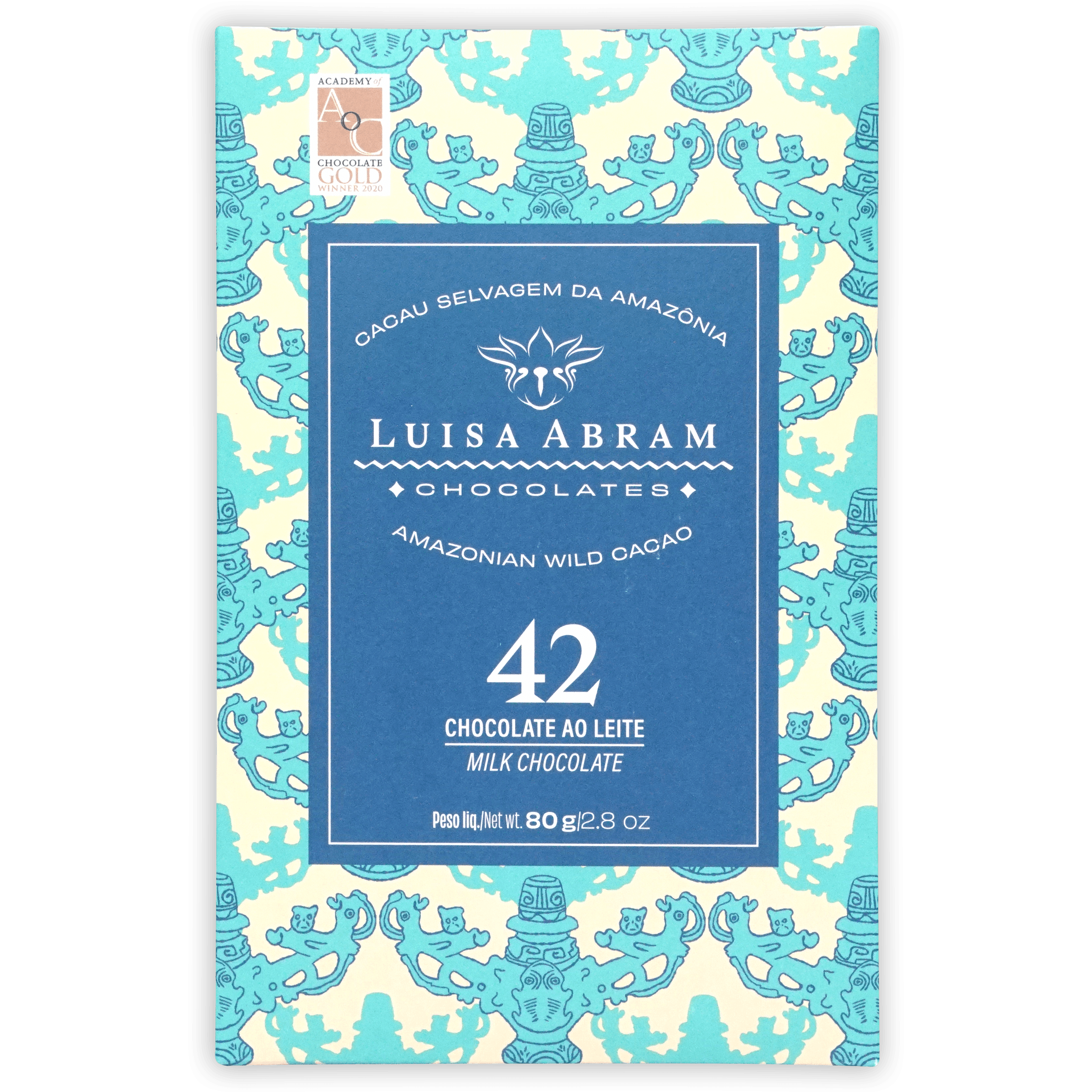 Luisa Abram Milk Chocolate bar in blue cream wrapper with turquoise Amazonian pattern