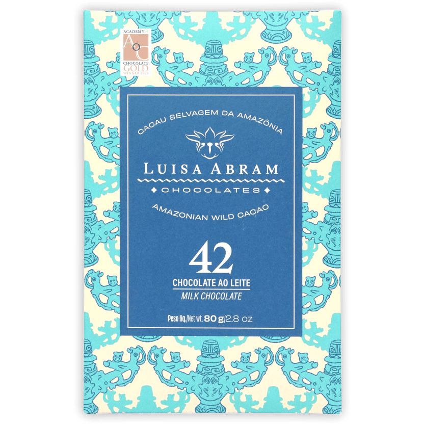 Luisa Abram Milk Chocolate bar in blue cream wrapper with turquoise Amazonian pattern