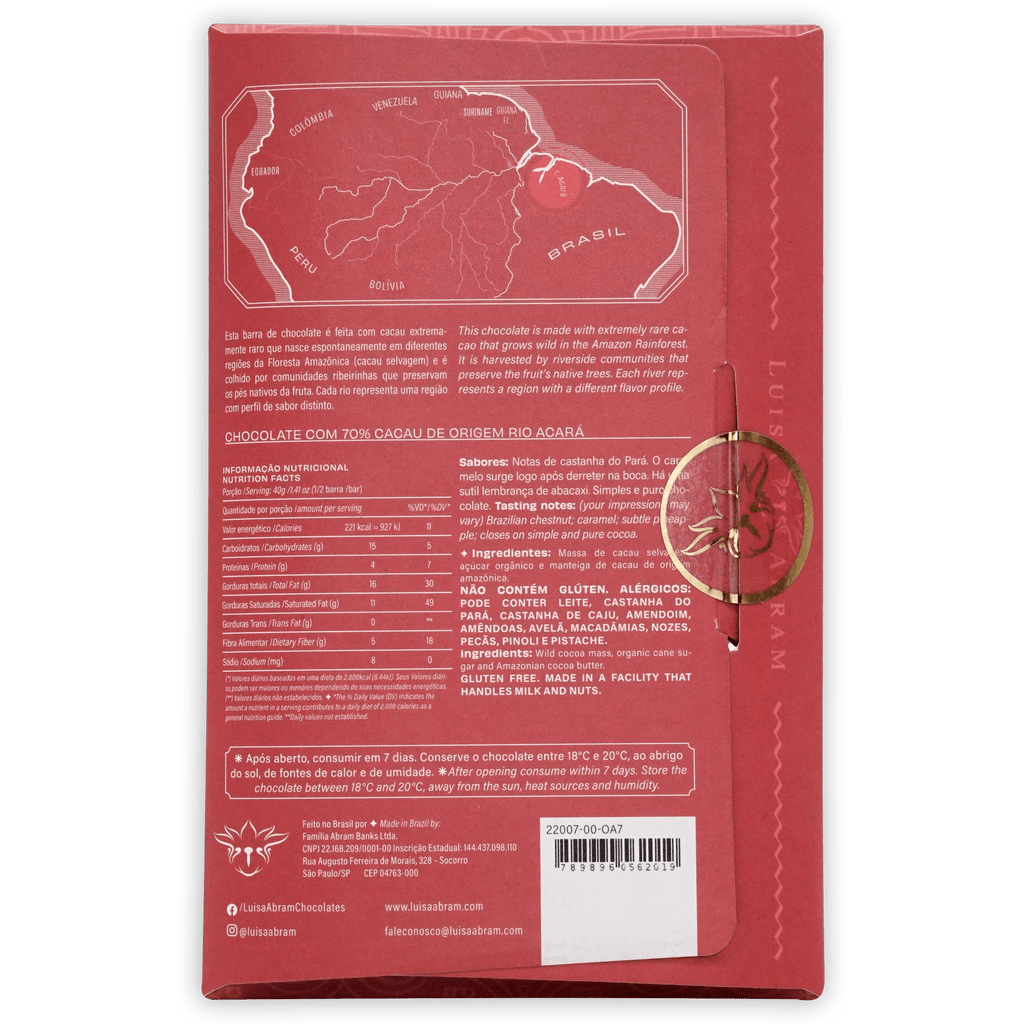 Luisa Abram Rio Acara Wild Cocoa 70% red wrapper with Amazon map and gold seal