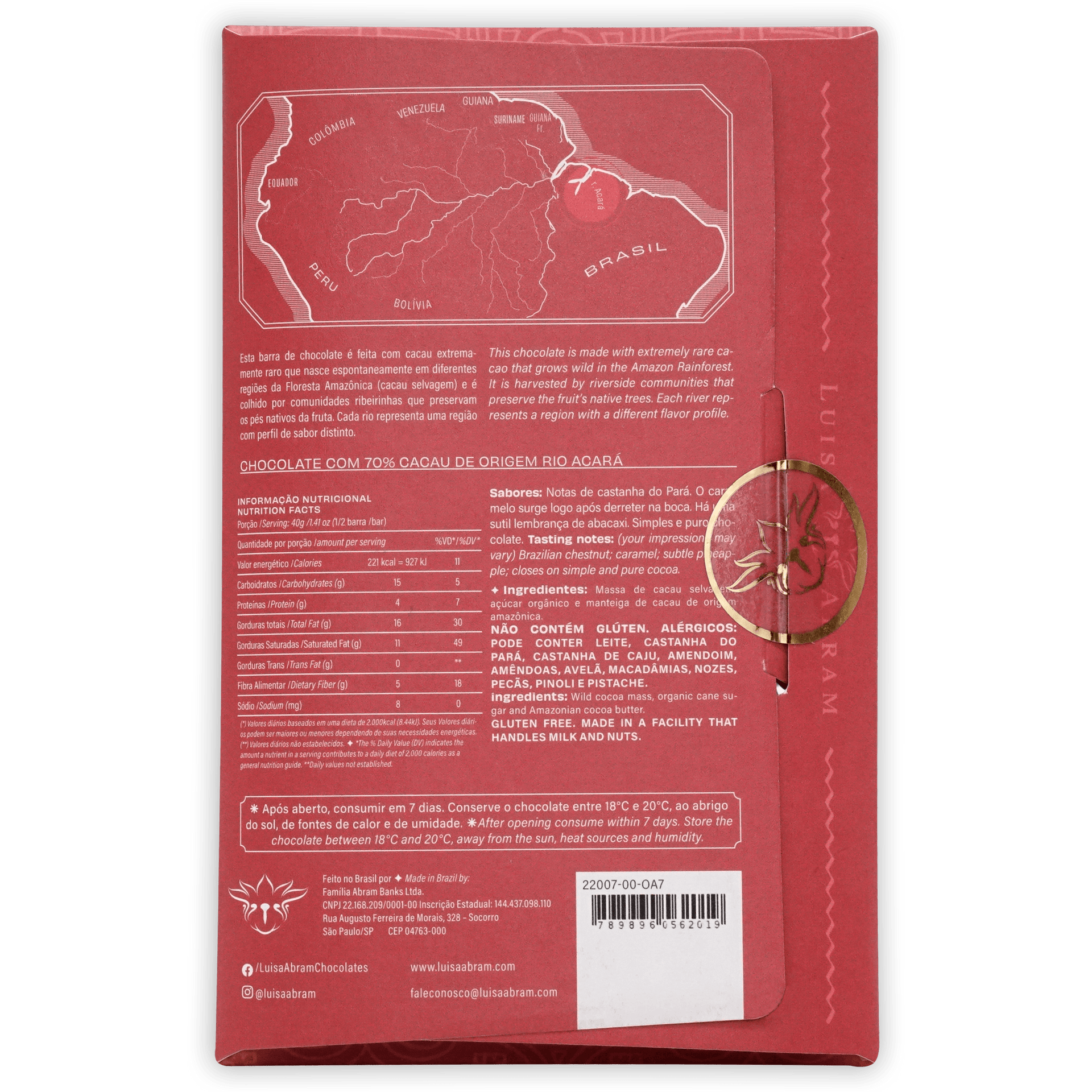 Luisa Abram Rio Acara Wild Cocoa 70% red wrapper with Amazon map and gold seal