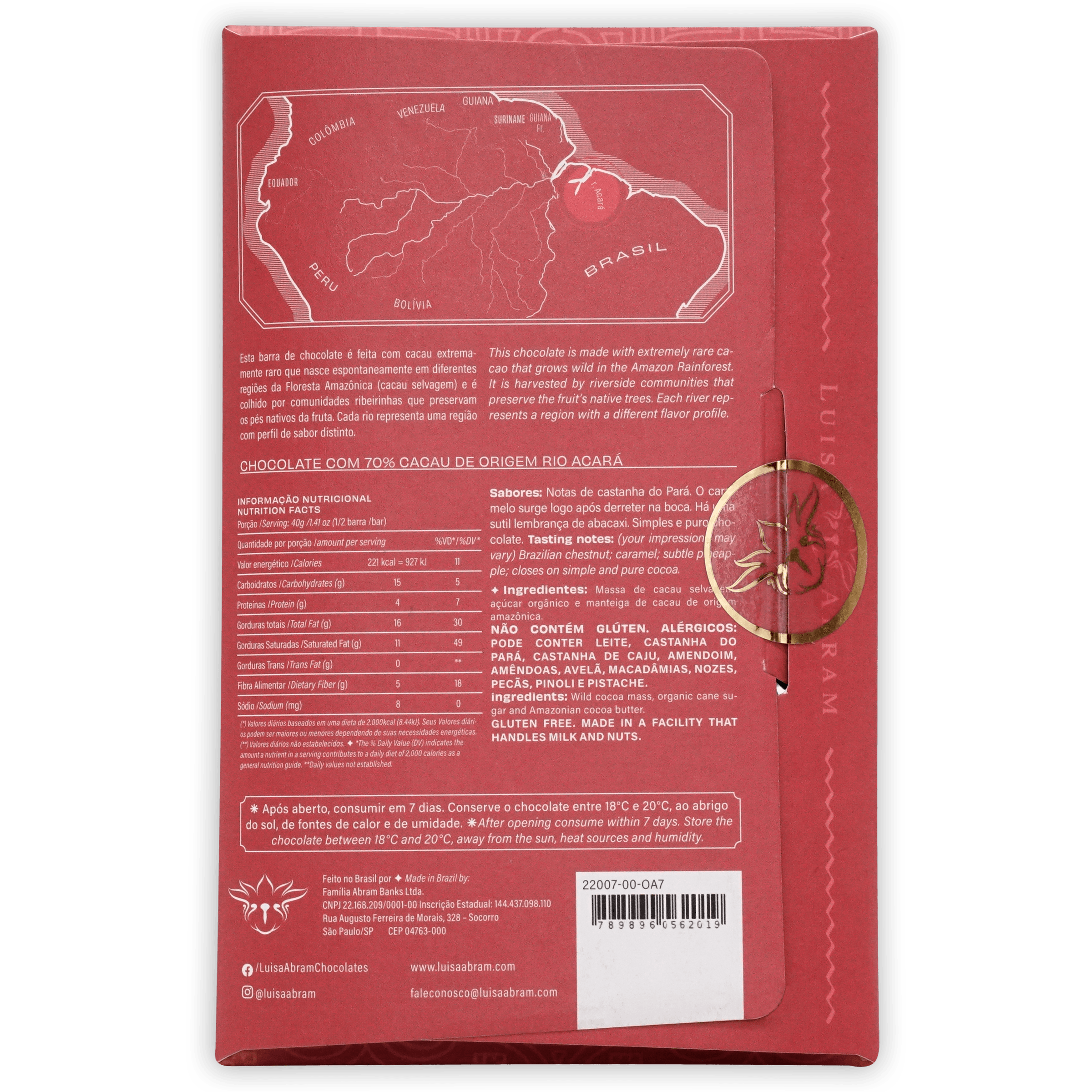 Luisa Abram Rio Acara Wild Cocoa 70% red wrapper with Amazon map and gold seal