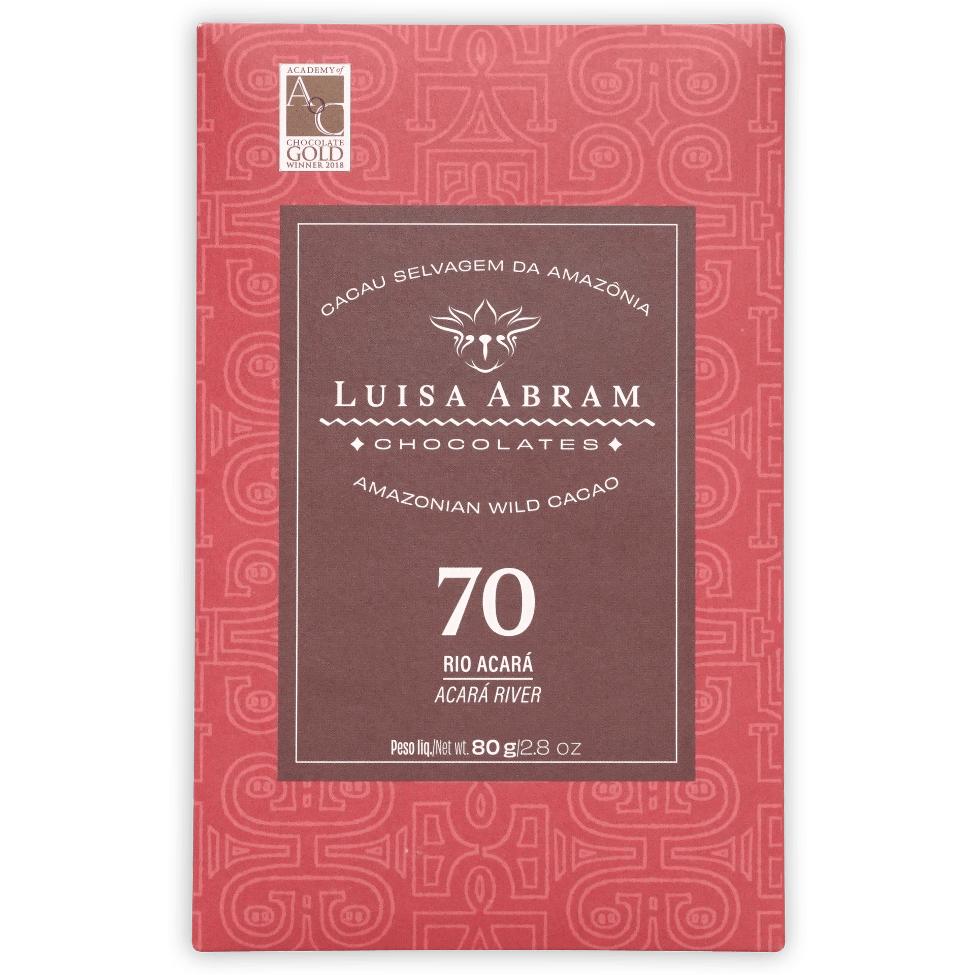 Luisa Abram Rio Acara Wild Cocoa 70% bar in red brown geometric wrapper
