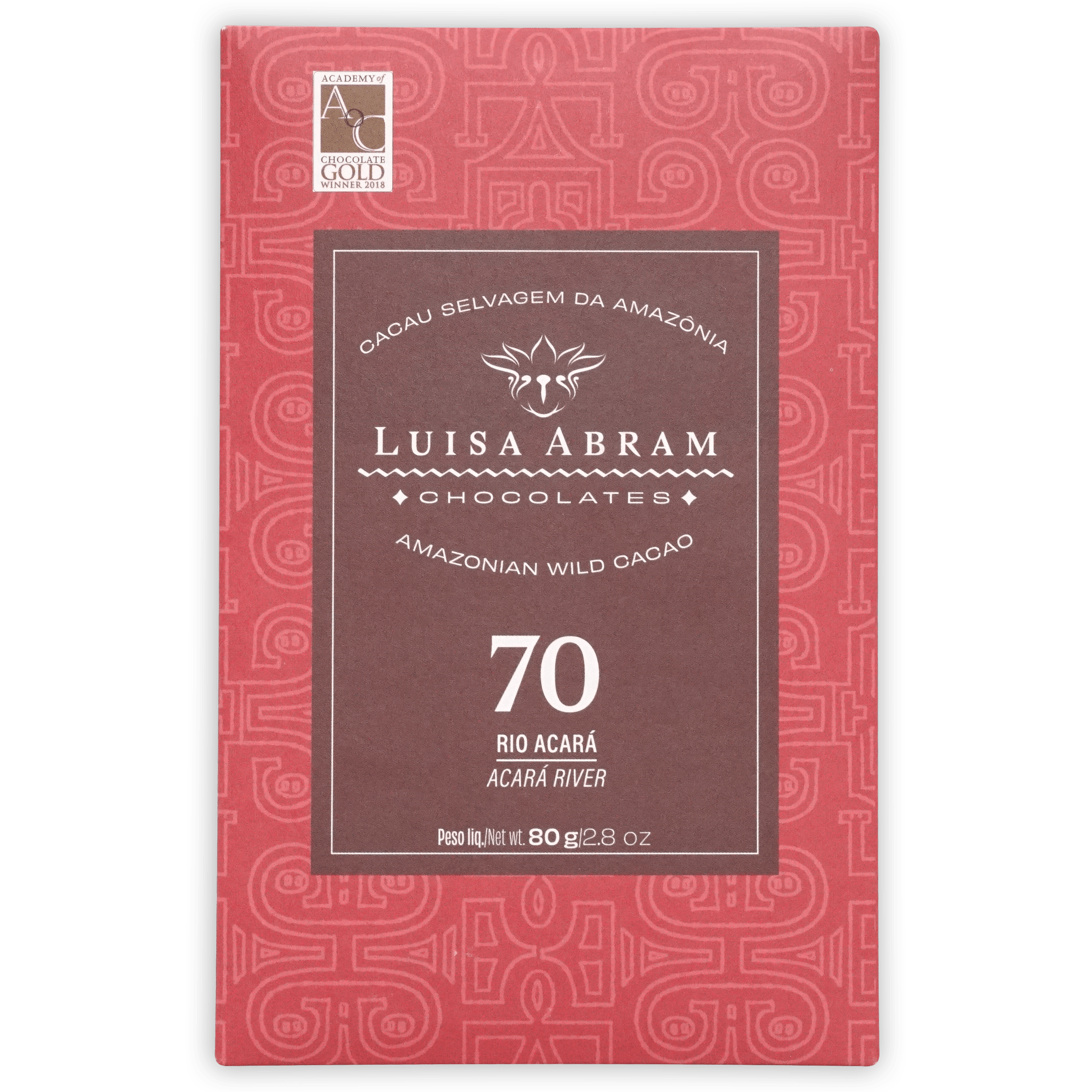 Luisa Abram Rio Acara Wild Cocoa 70% bar in red brown geometric wrapper