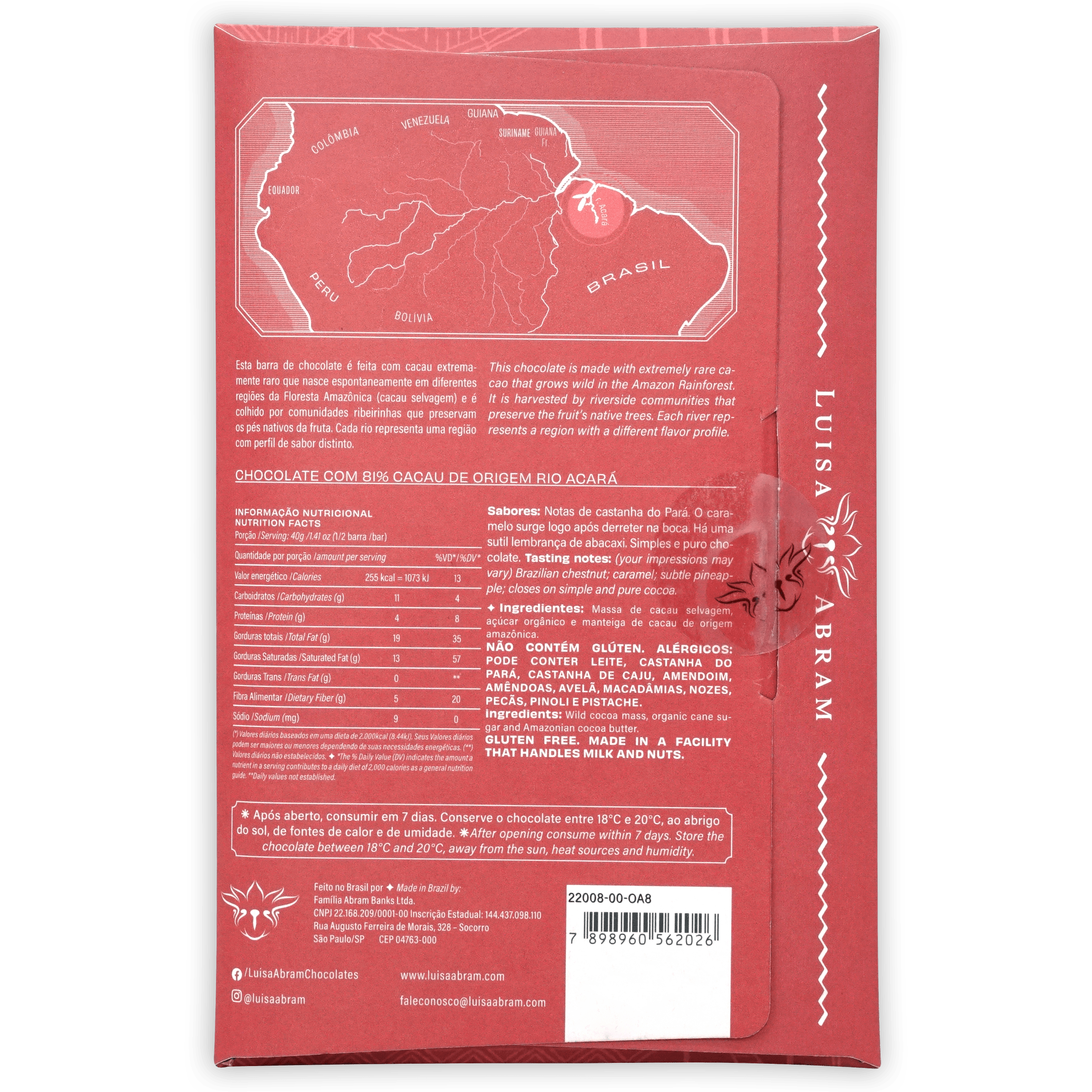 Luisa Abram Rio Acara Wild Cocoa 81% red wrapper with Brazil map