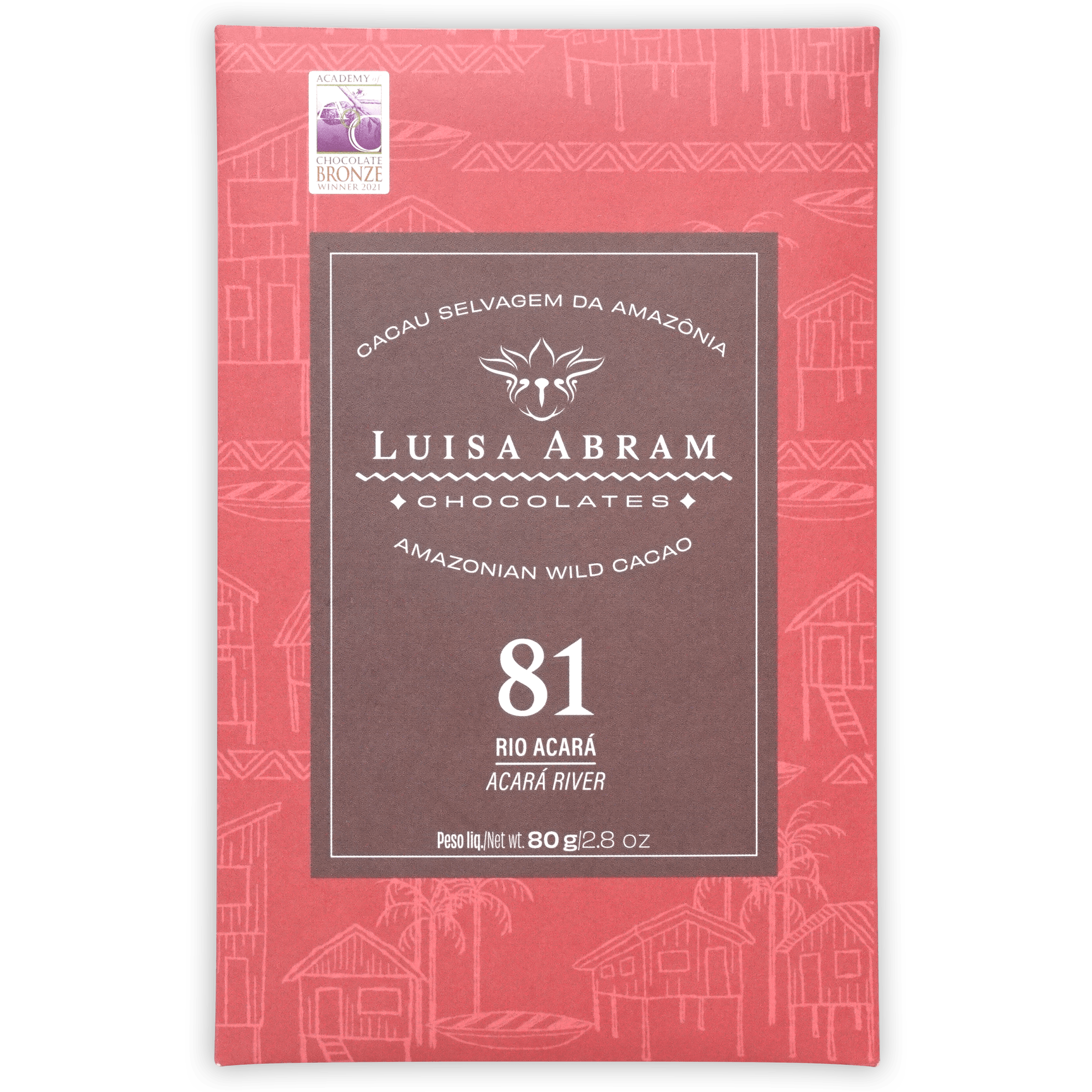 Luisa Abram Rio Acará Wild Cocoa 81% bar in pink wrapper