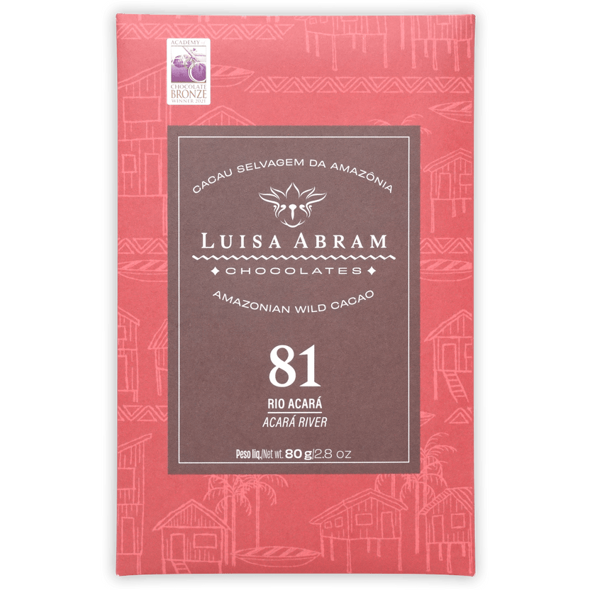 Luisa Abram Rio Acará Wild Cocoa 81% bar in pink wrapper