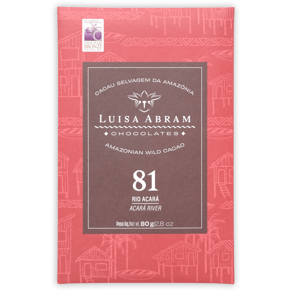 Luisa Abram Rio Acará Wild Cocoa 81% bar in pink wrapper