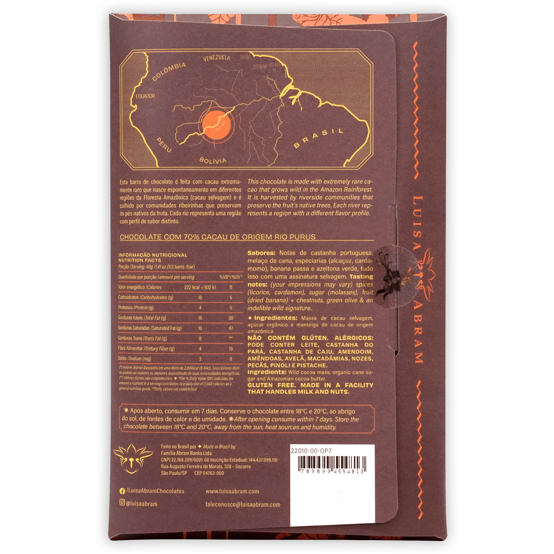Luisa Abram Rio Purús Wild Cocoa 70% chocolate bar wrapper with Amazon map