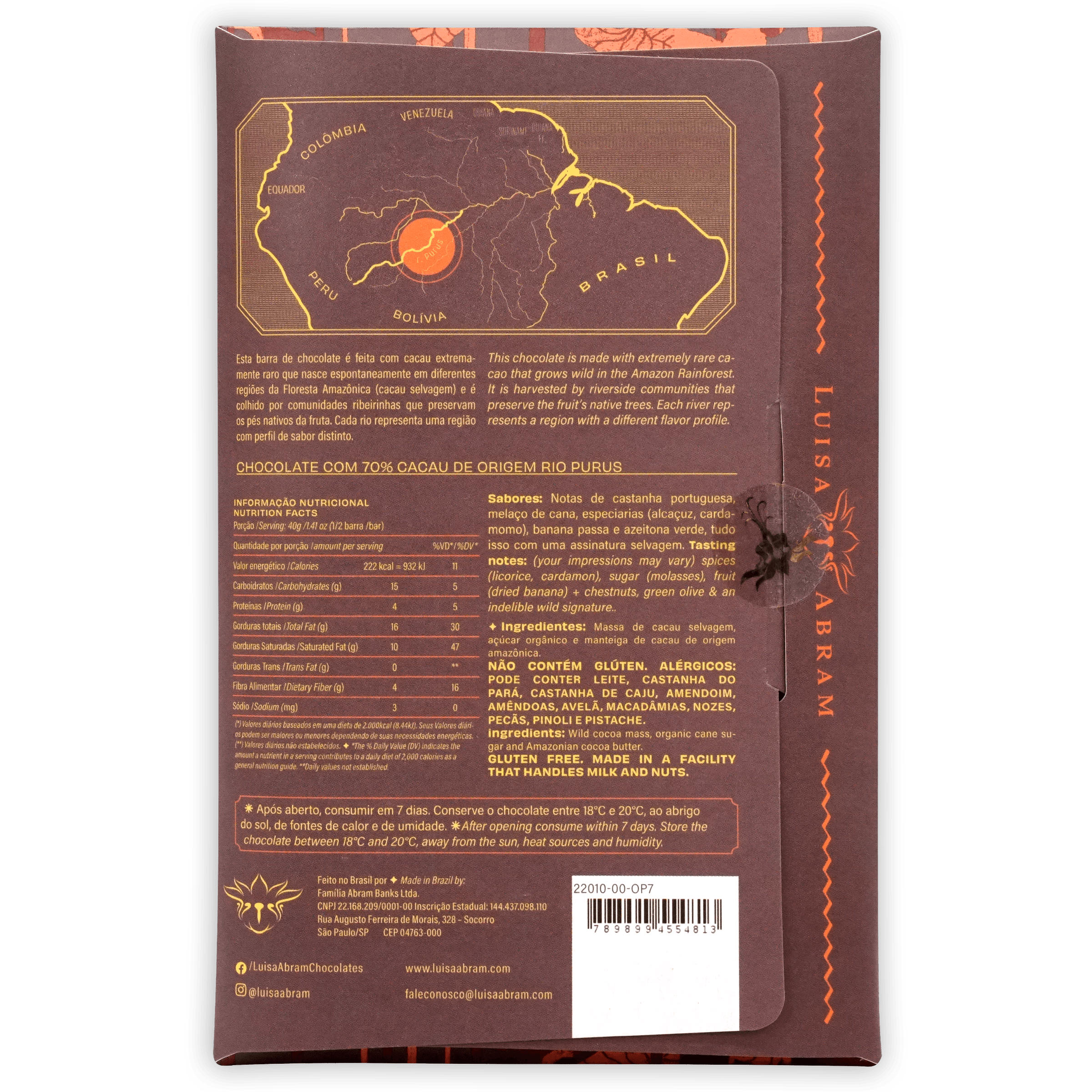 Luisa Abram Rio Purús Wild Cocoa 70% chocolate bar wrapper with Amazon map
