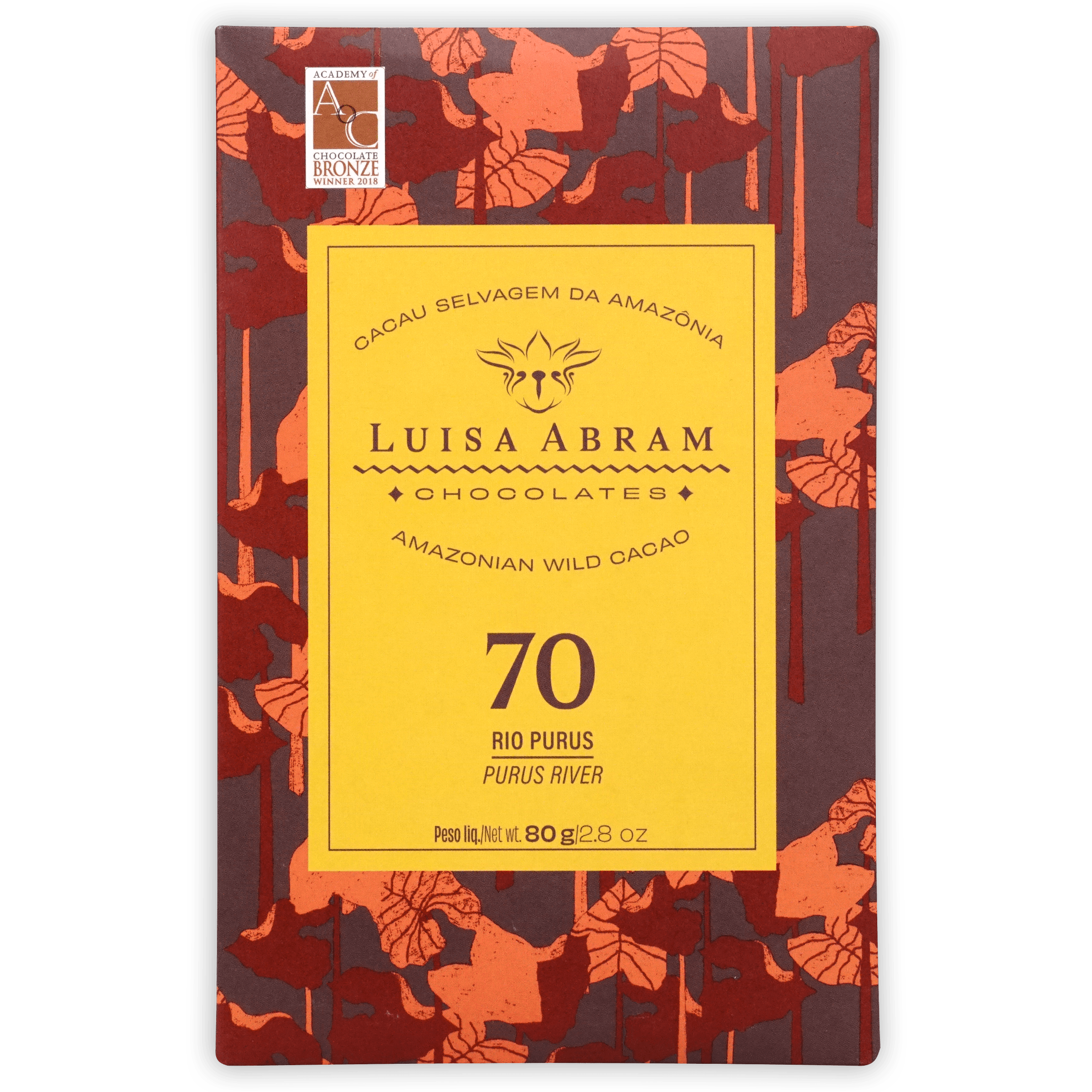Luisa Abram Rio Purús Wild Cocoa 70% bar in vibrant yellow red packaging
