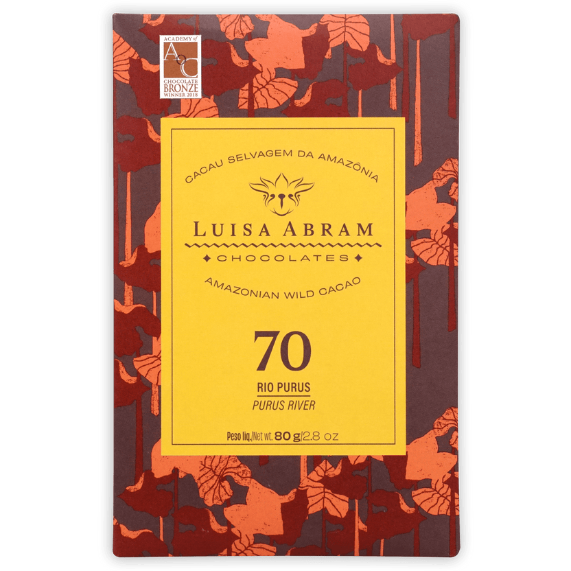 Luisa Abram Rio Purús Wild Cocoa 70% bar in vibrant yellow red packaging