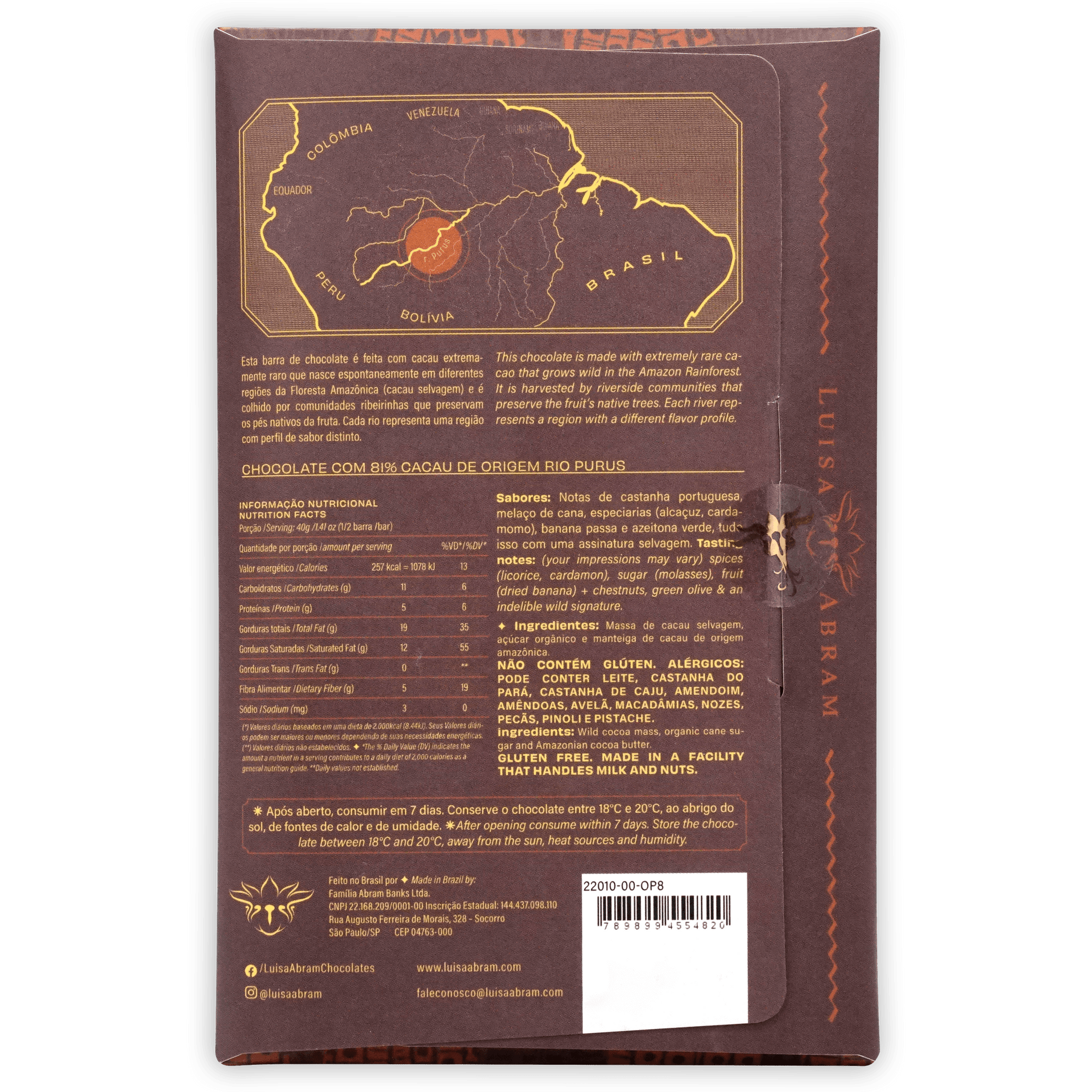 Luisa Abram Rio Purús Wild Cocoa 81% chocolate bar with Amazon map and gold foil