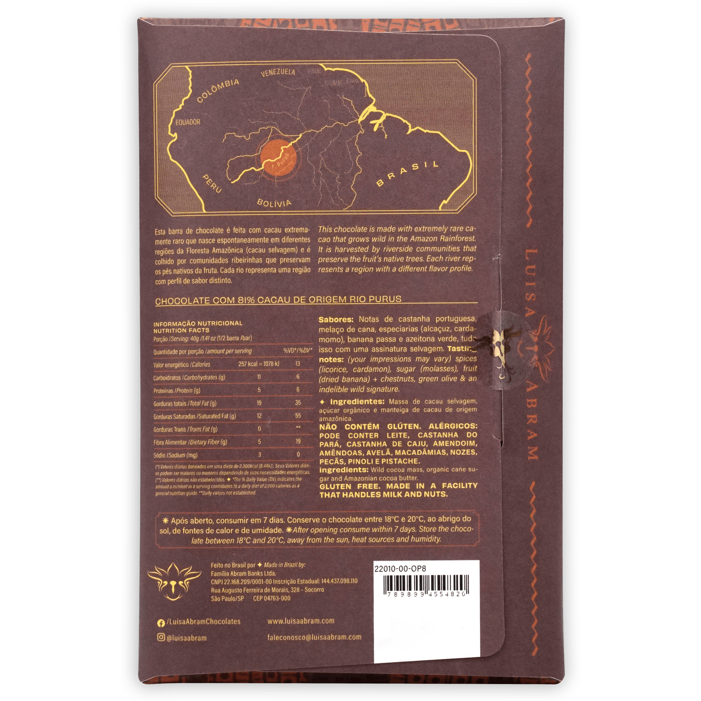Luisa Abram Rio Purús Wild Cocoa 81% chocolate bar with Amazon map and gold foil