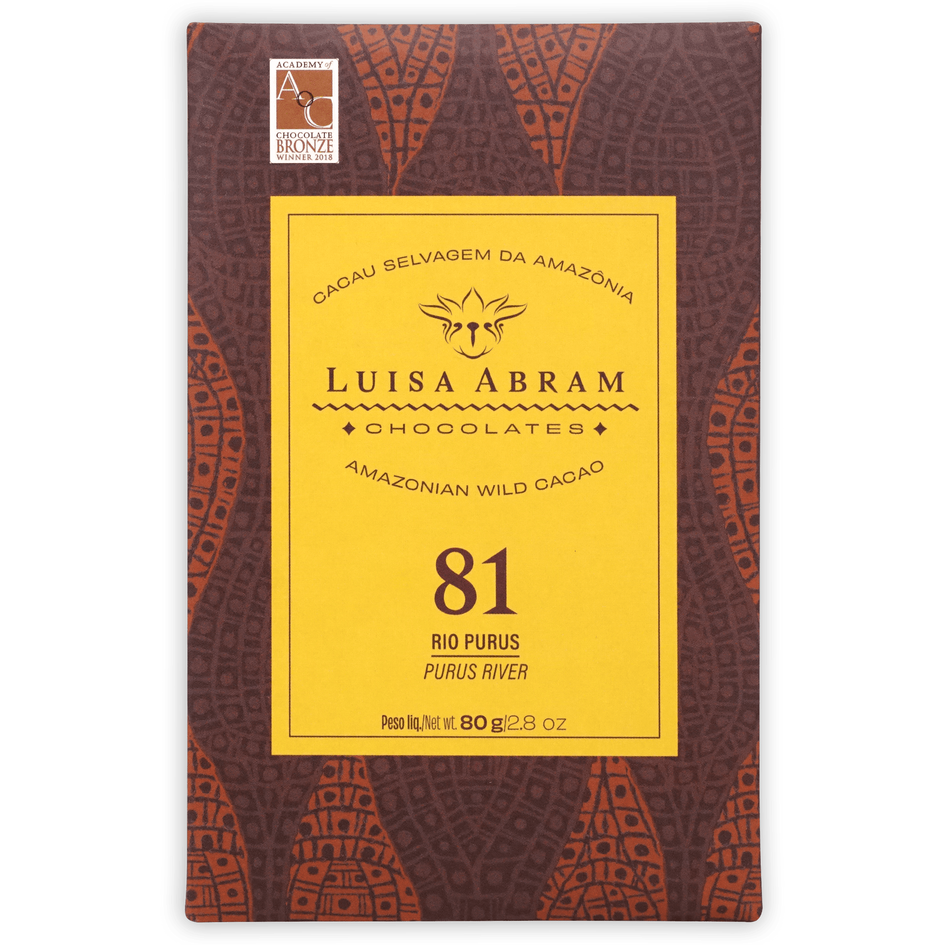 Luisa Abram Rio Purús Wild Cocoa 81% in dark brown orange package