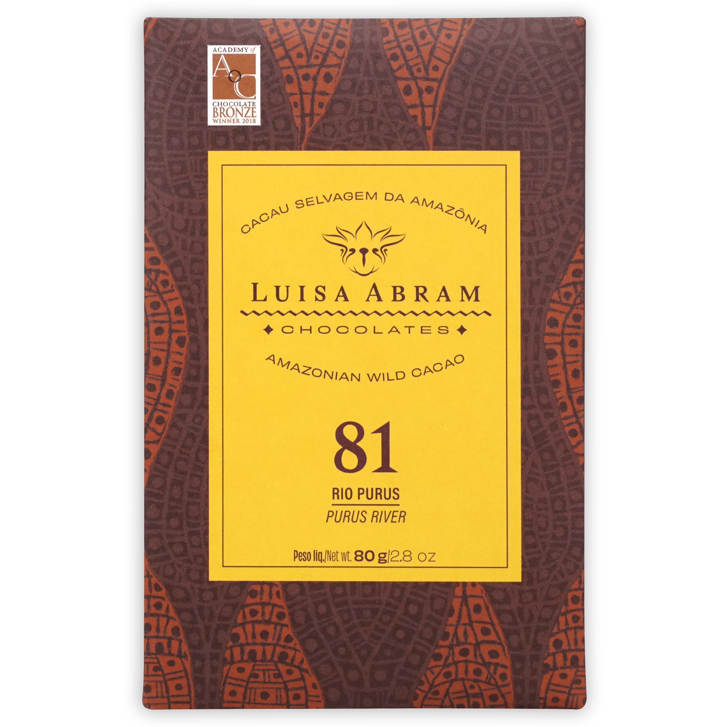 Luisa Abram Rio Purús Wild Cocoa 81% in dark brown orange package
