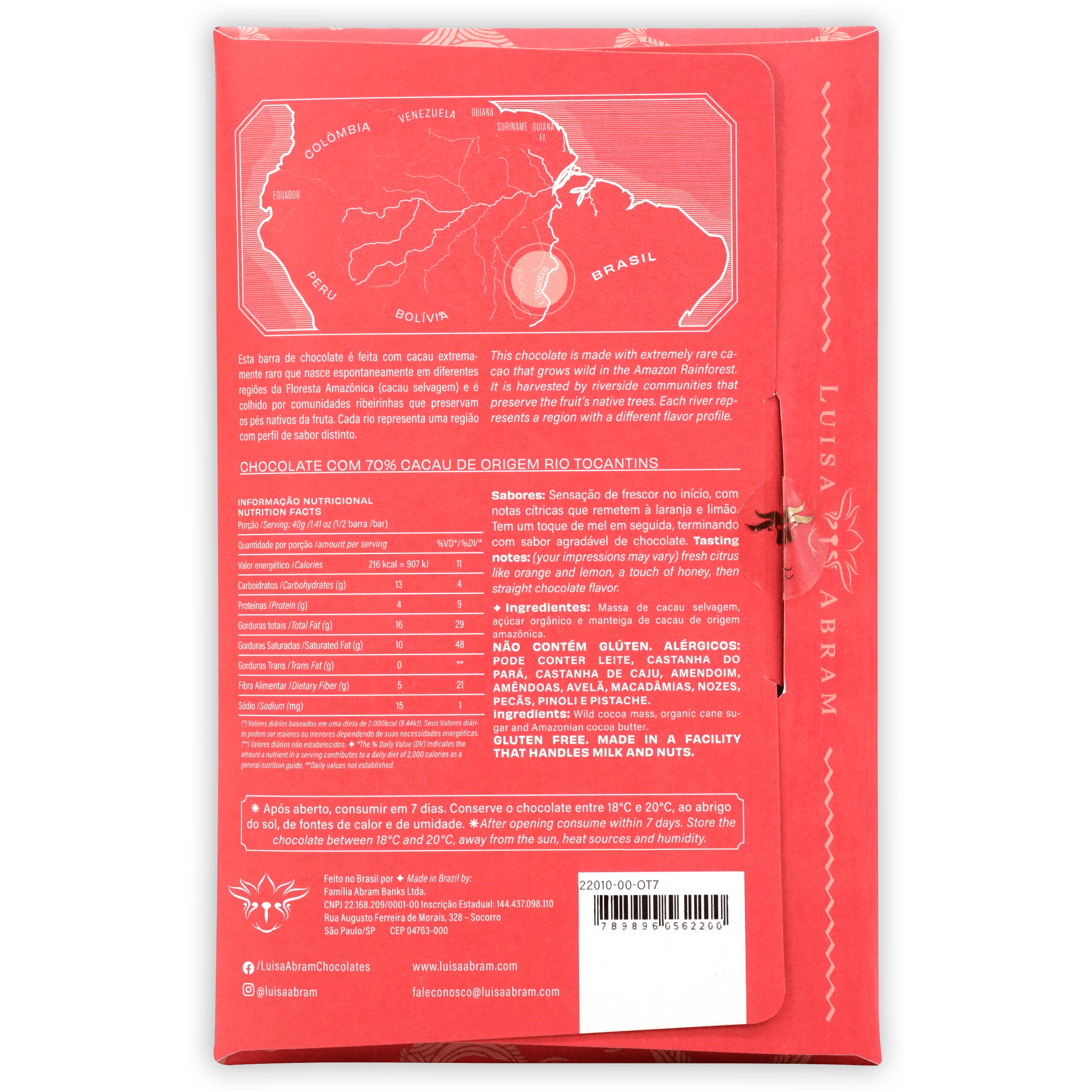 Luisa Abram Rio Tocantins Wild Cocoa 70% red wrapper with South America map