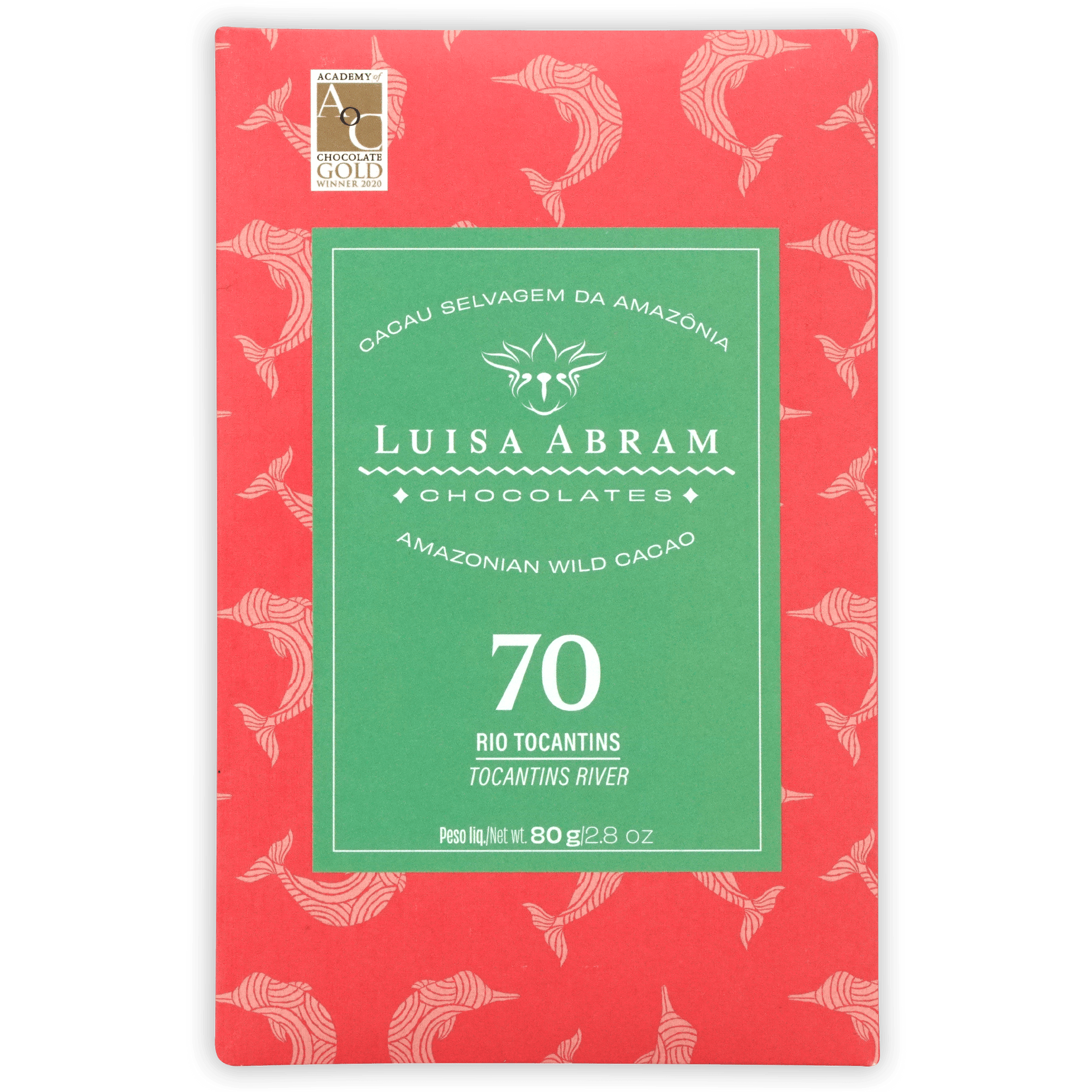 Luisa Abram Rio Tocantins Wild Cocoa 70% bar with red fish pattern