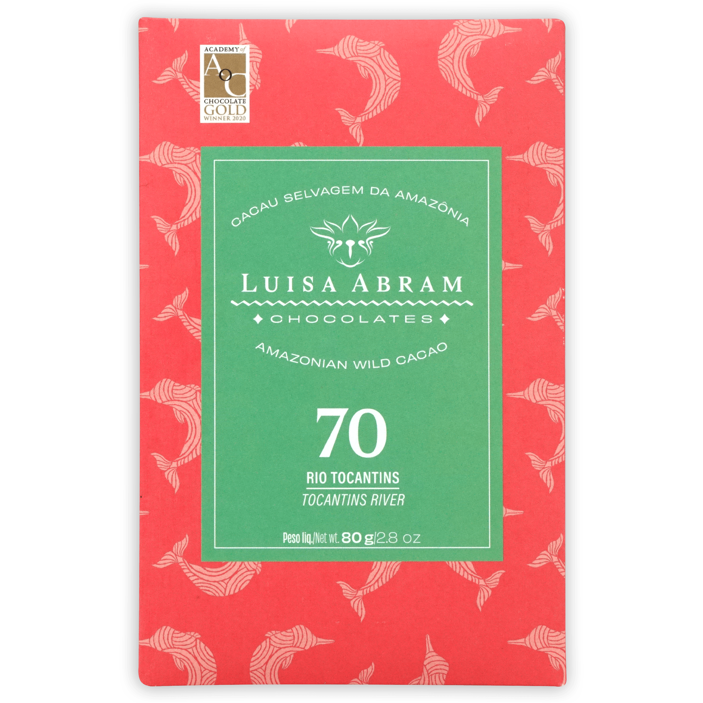 Luisa Abram Rio Tocantins Wild Cocoa 70% bar with red fish pattern