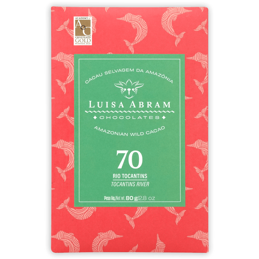 Luisa Abram Rio Tocantins Wild Cocoa 70% bar with red fish pattern