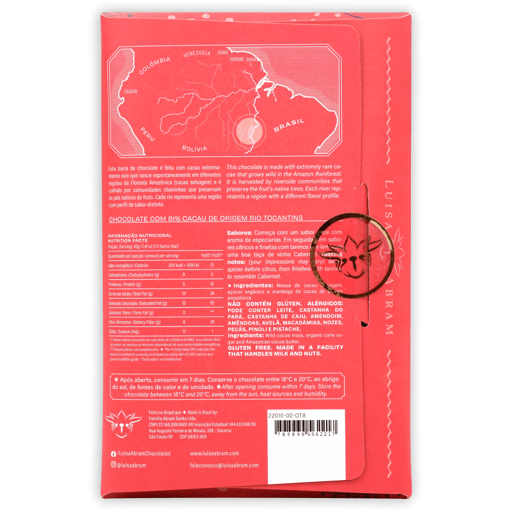Back of Luisa Abram Rio Tocantins Wild Cocoa 81% red bar with Amazon map