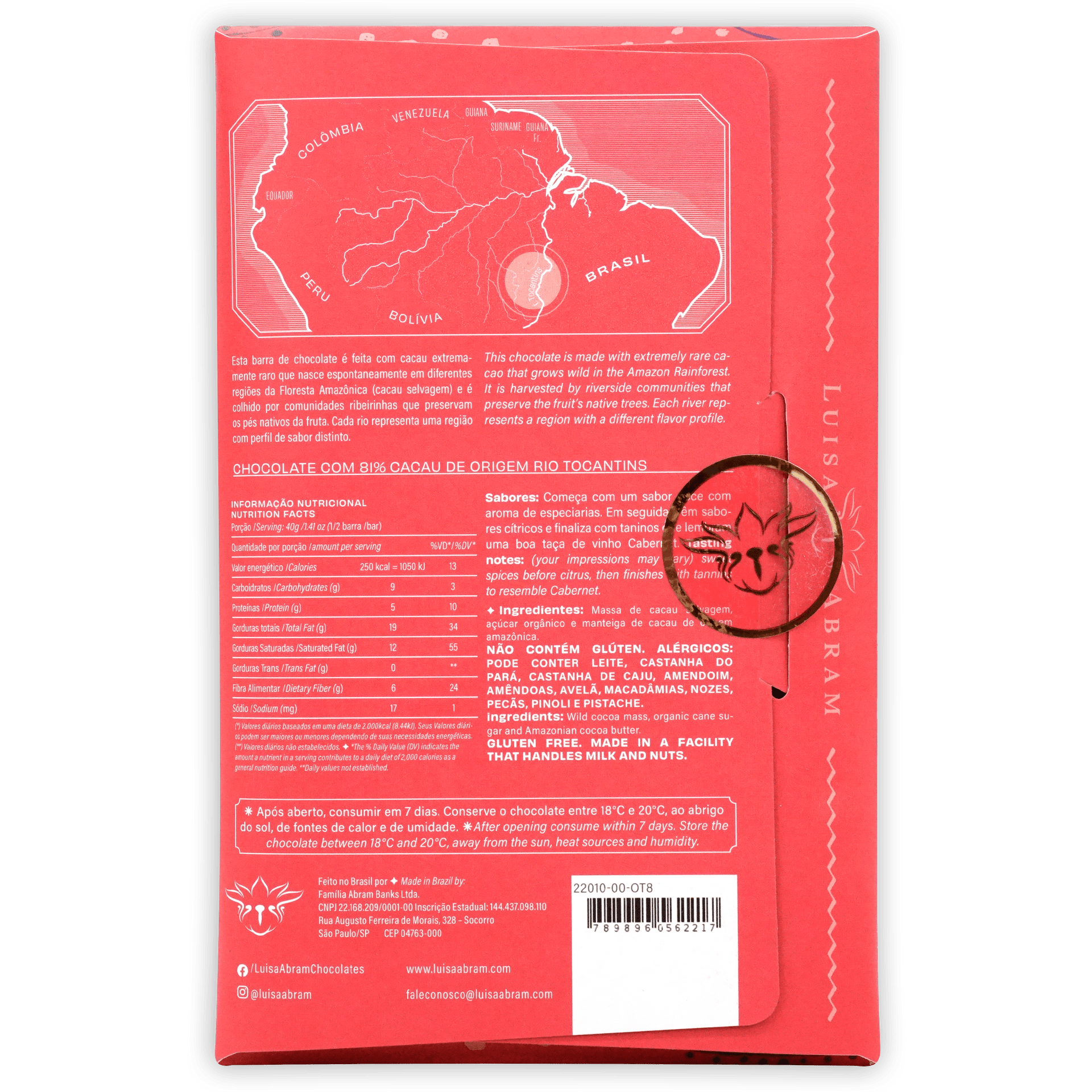 Back of Luisa Abram Rio Tocantins Wild Cocoa 81% red bar with Amazon map