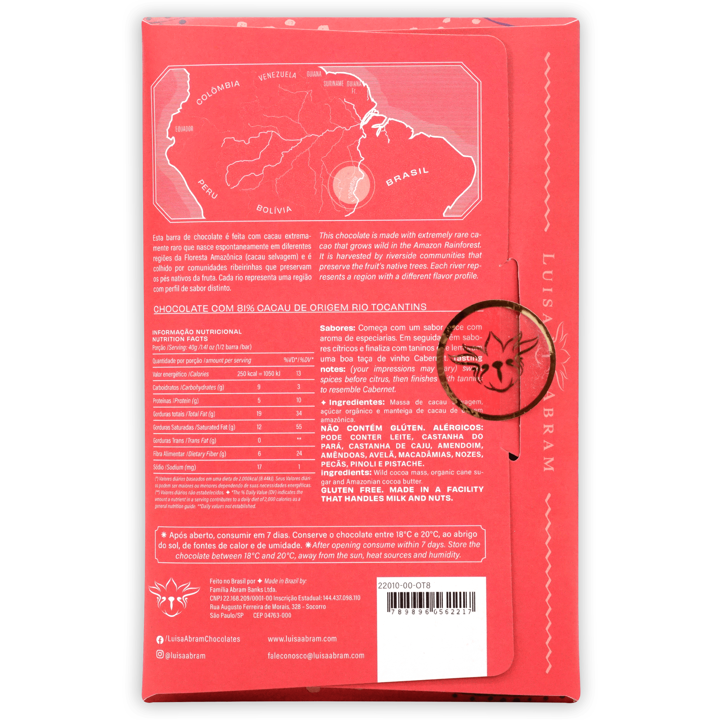 Back of Luisa Abram Rio Tocantins Wild Cocoa 81% red bar with Amazon map