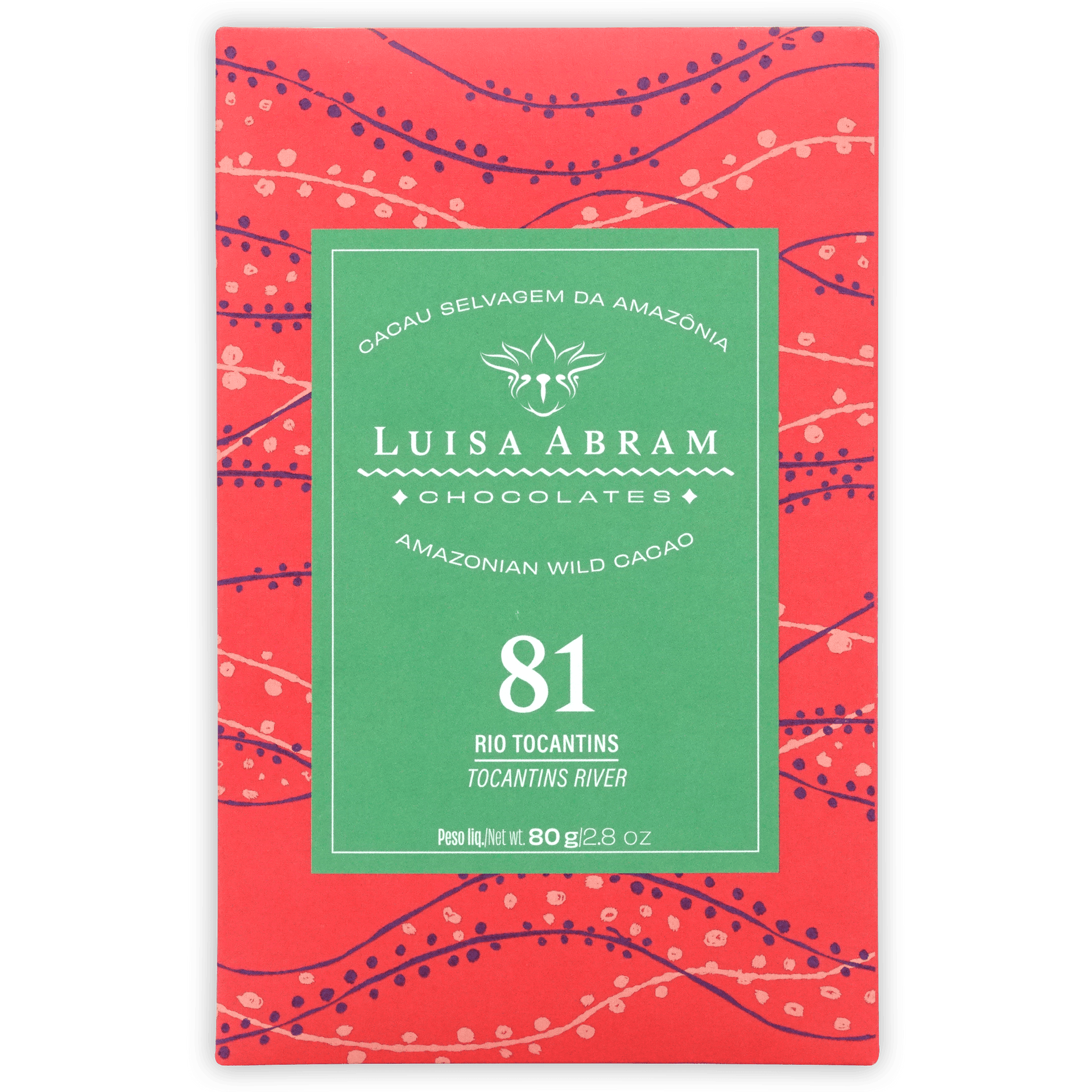 Luisa Abram Rio Tocantins Wild Cocoa 81% bar in red green wrapper