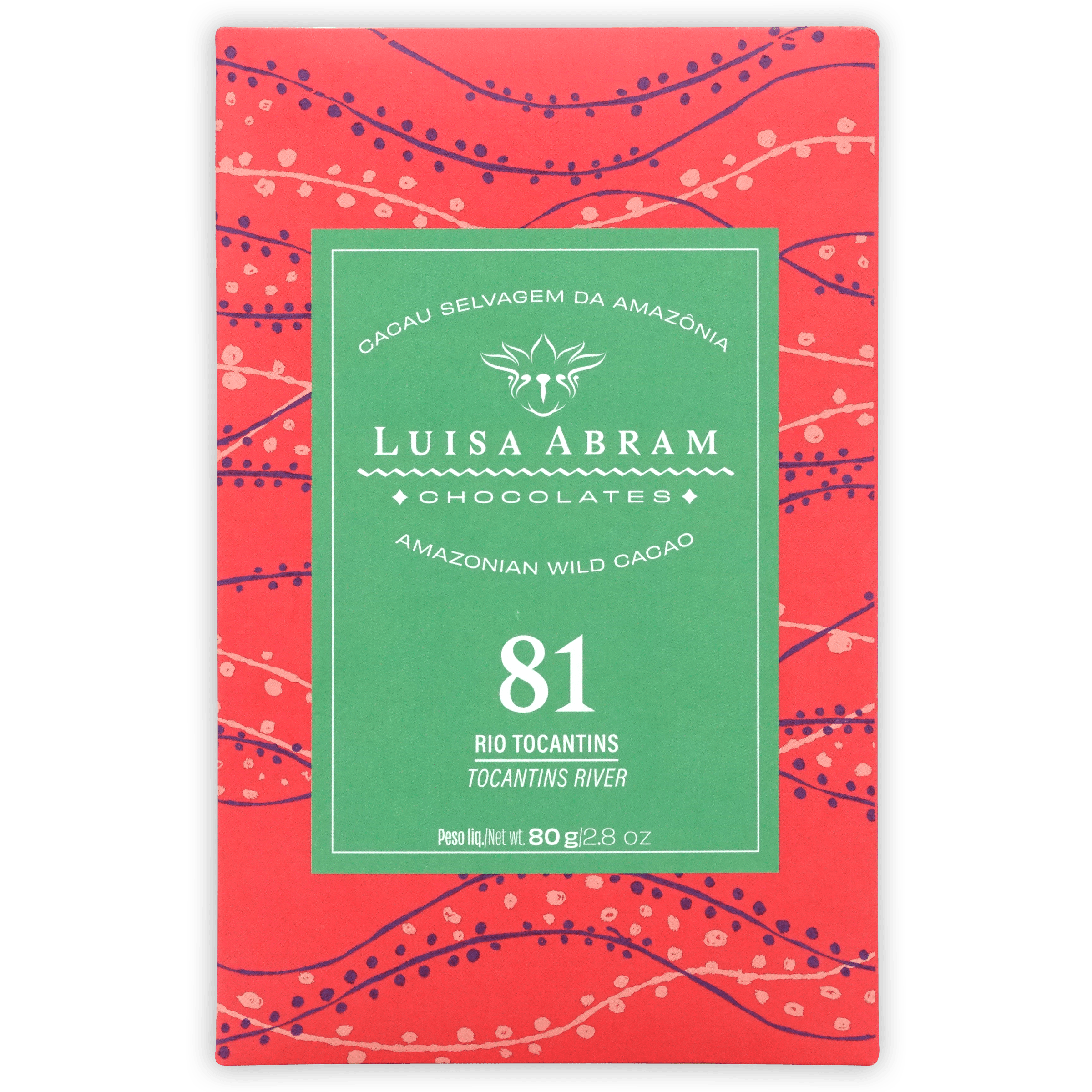 Luisa Abram Rio Tocantins Wild Cocoa 81% bar in red green wrapper