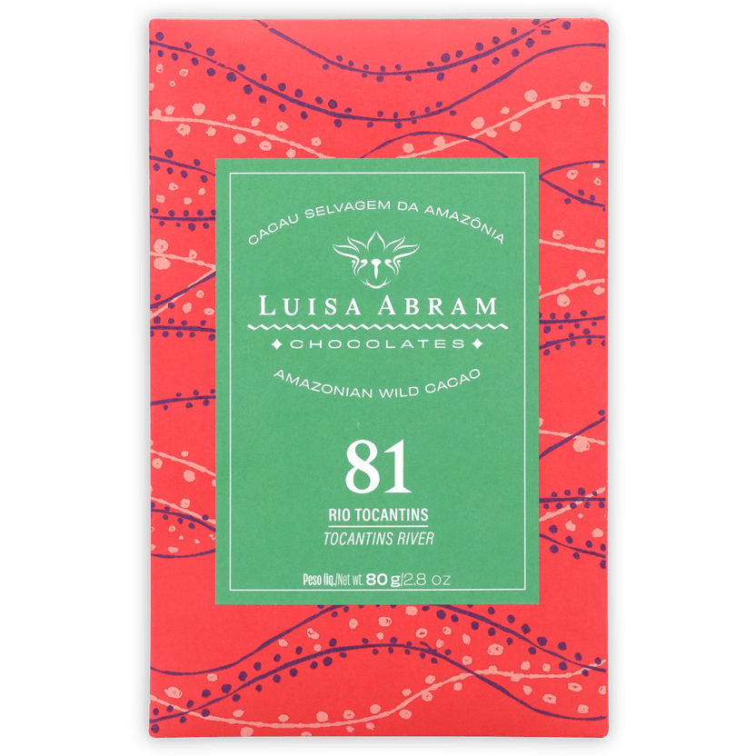 Luisa Abram Rio Tocantins Wild Cocoa 81% bar in red green wrapper