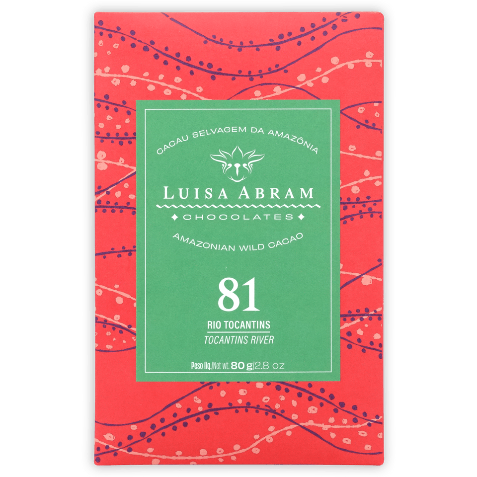 Luisa Abram Rio Tocantins Wild Cocoa 81% bar in red green wrapper