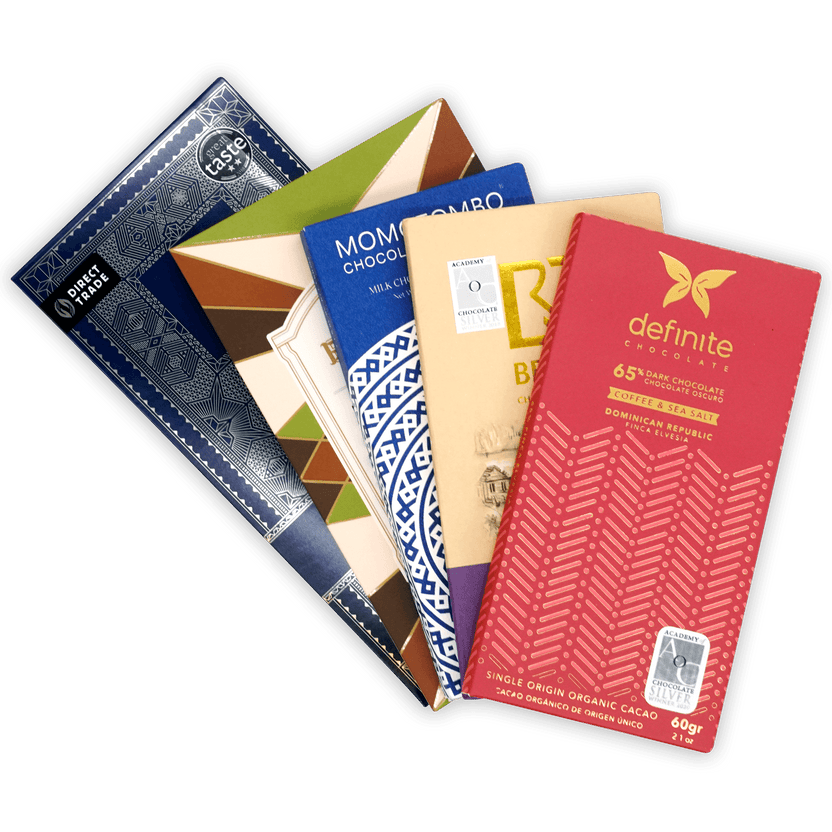 Red Single Origin chocolate bar with gold butterfly logo and herringbone pattern