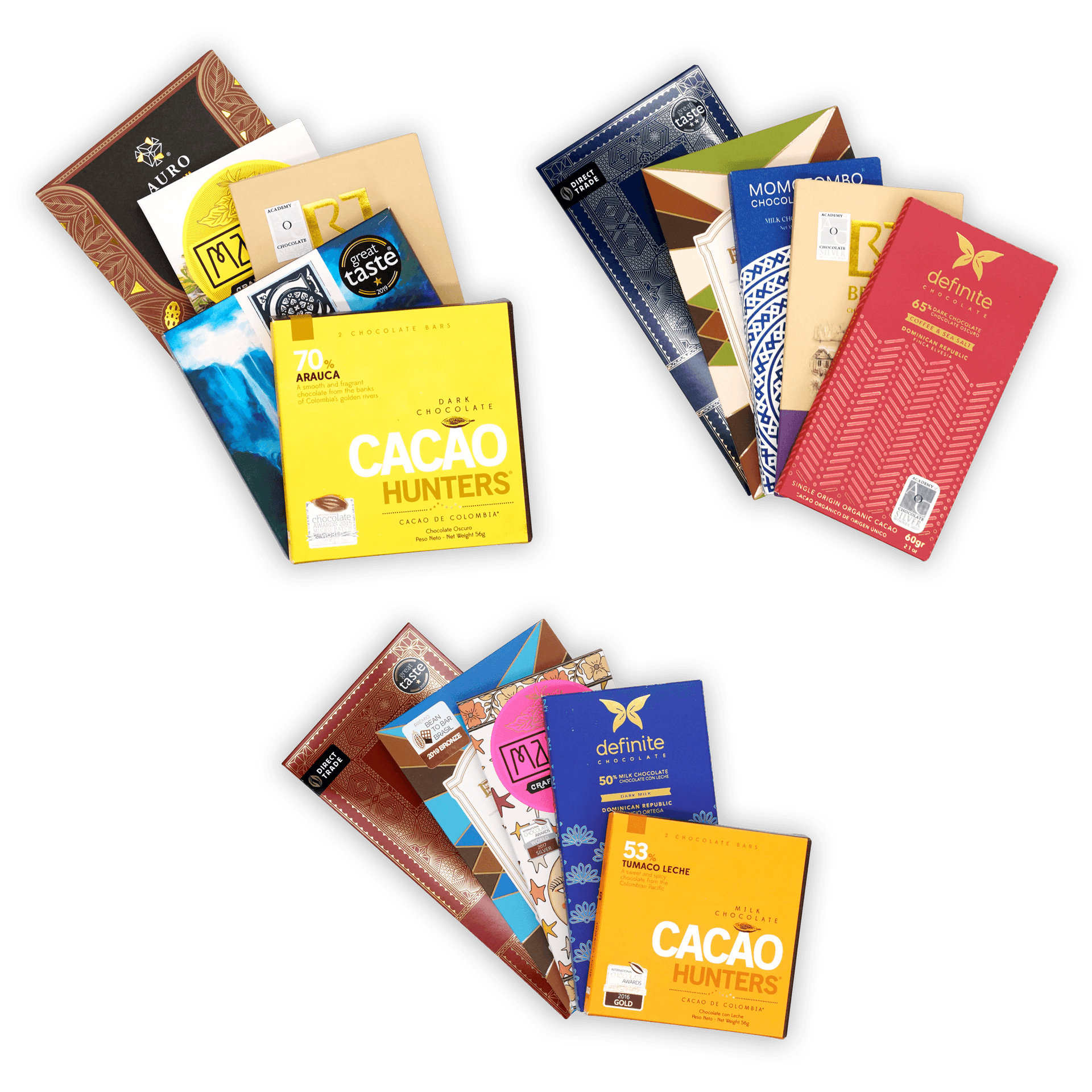 Vibrant yellow Cacao Hunters bar wrapper with cacao pod in Single Origin Bundle