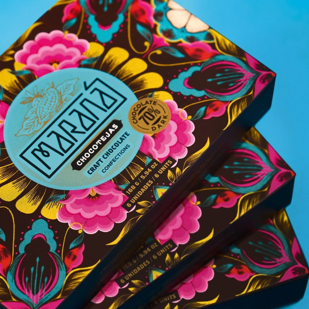 Marana Chocotejas 70% dark chocolate gift box with vibrant floral design