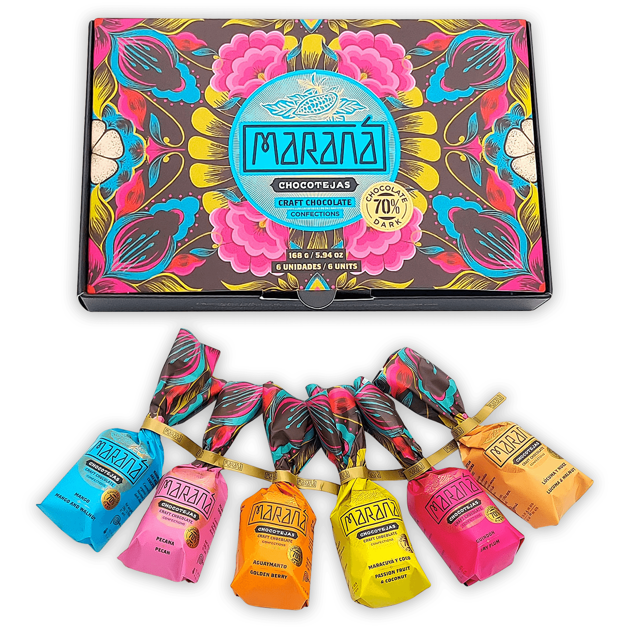Marana Chocotejas small gift box with 6 vibrant floral Peruvian bon bons