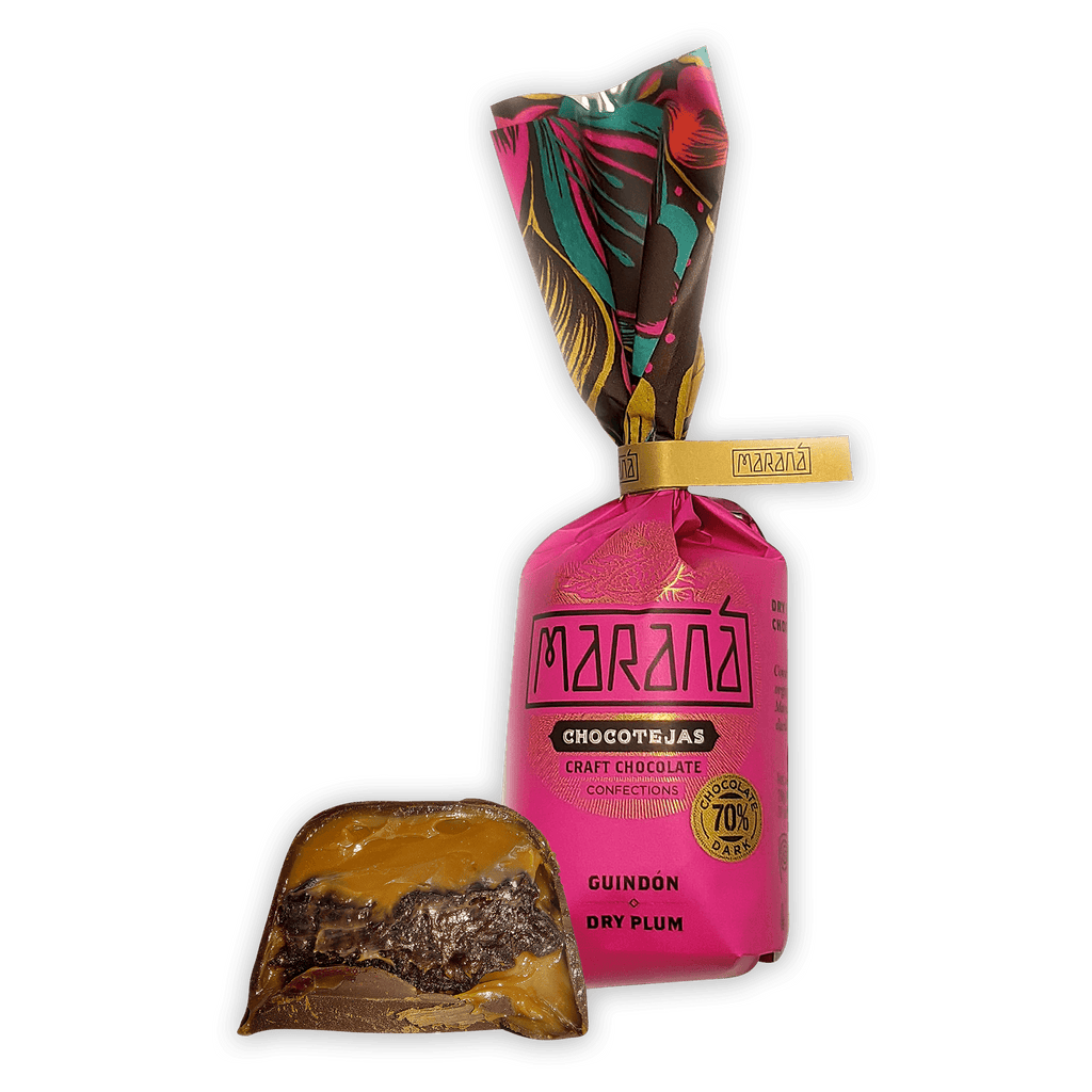 Marana Chocotejas small gift box: pink-wrapped guindon with 70% dark cocoa plum chocolate