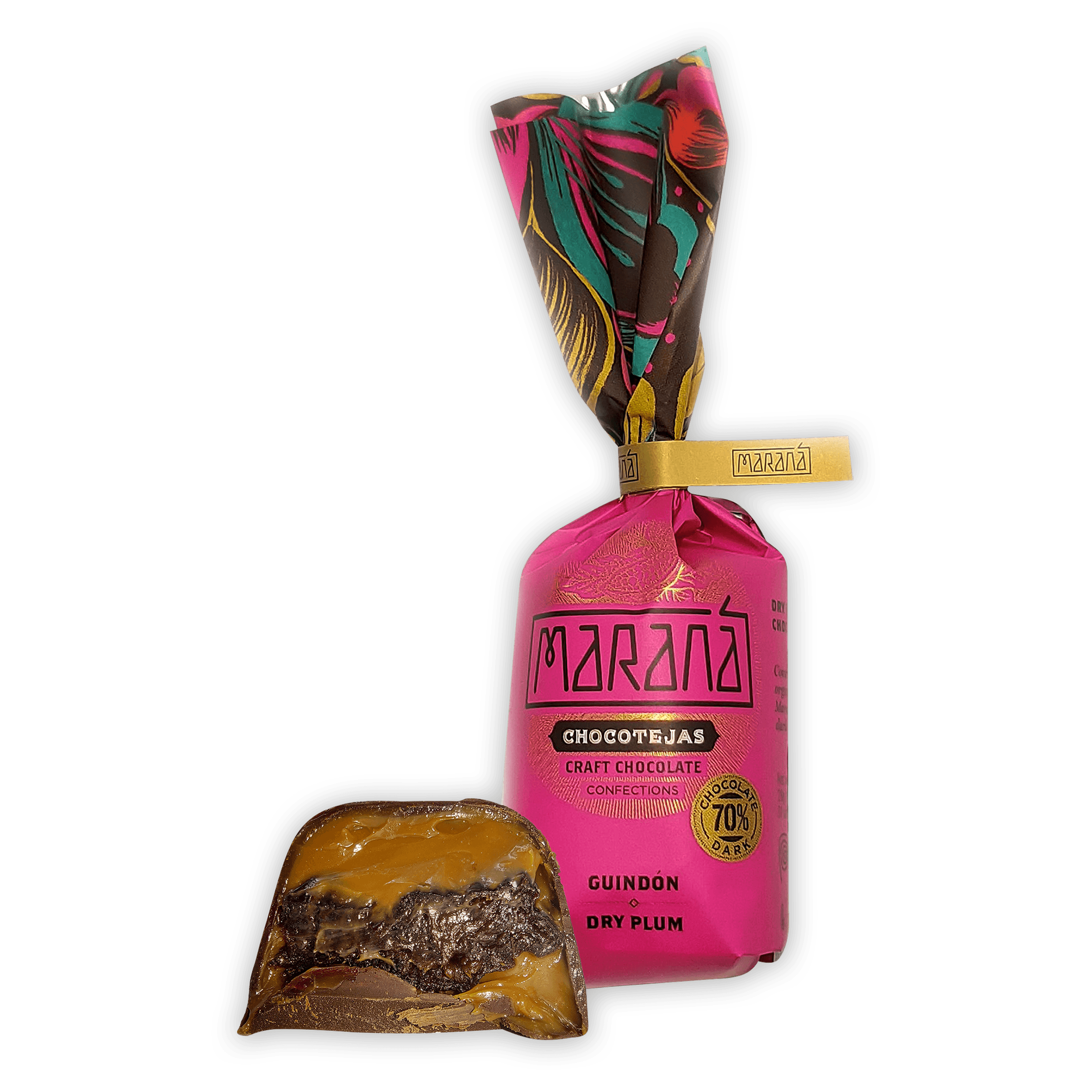 Marana Chocotejas small gift box: pink-wrapped guindon with 70% dark cocoa plum chocolate