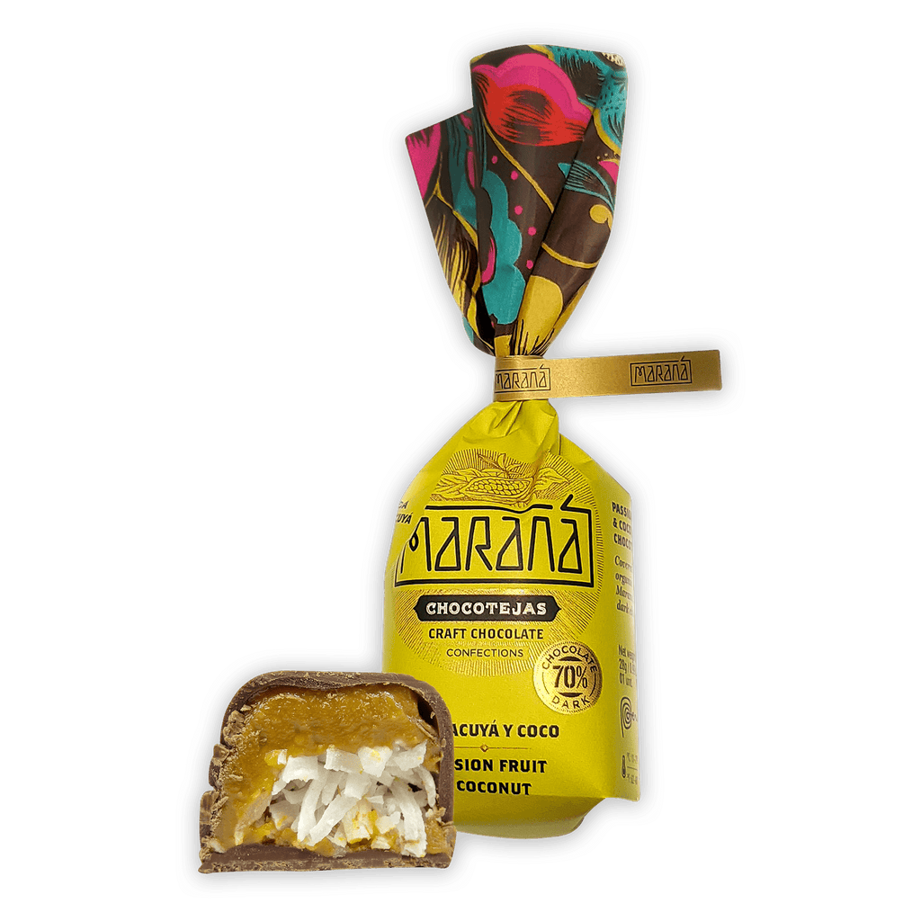 Marana Chocotejas Peruvian bon bons gift box with yellow-wrapped passion fruit coconut treats
