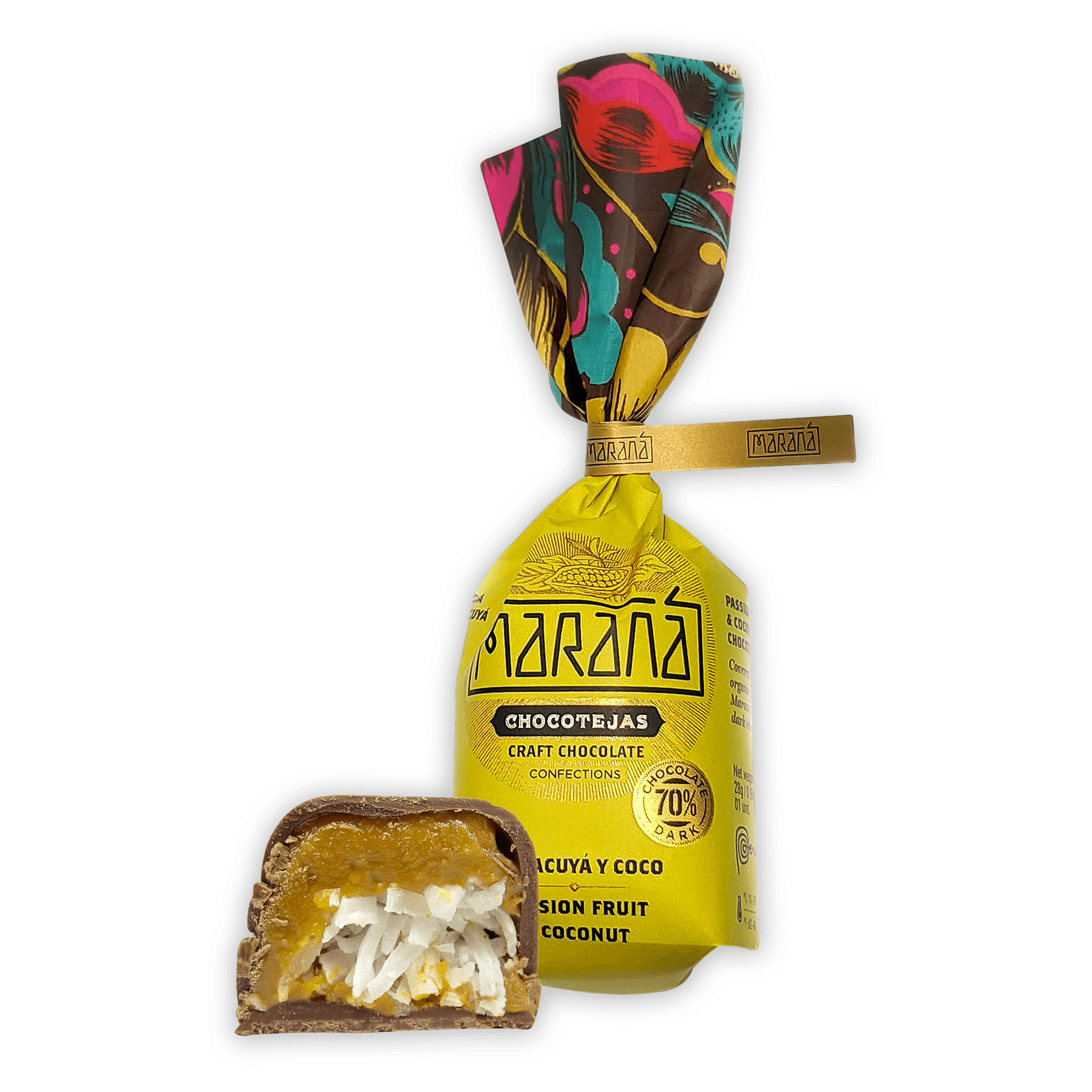 Marana Chocotejas Peruvian bon bons gift box with yellow-wrapped passion fruit coconut treats