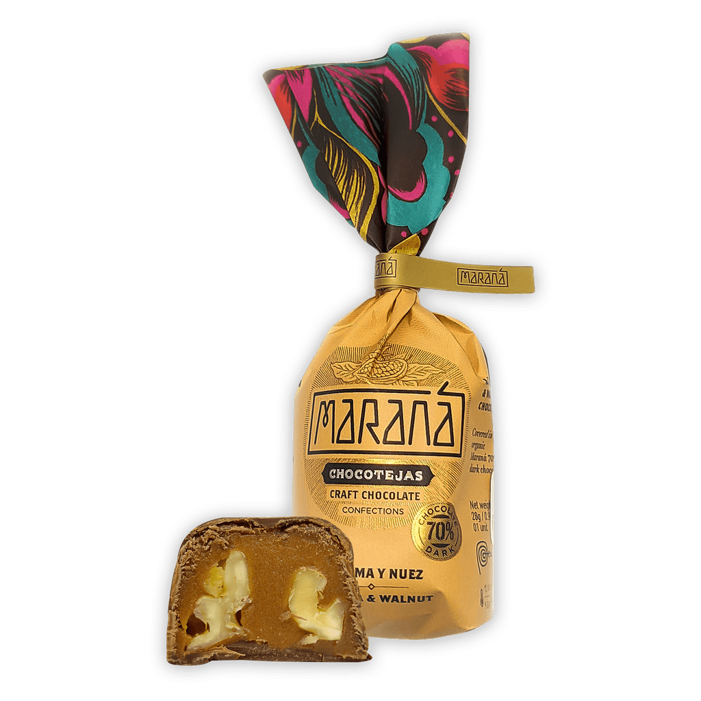 Marana Chocotejas Peruvian bon bons: golden-wrapped 70% dark chocolate with white filling, 6-pc gift box