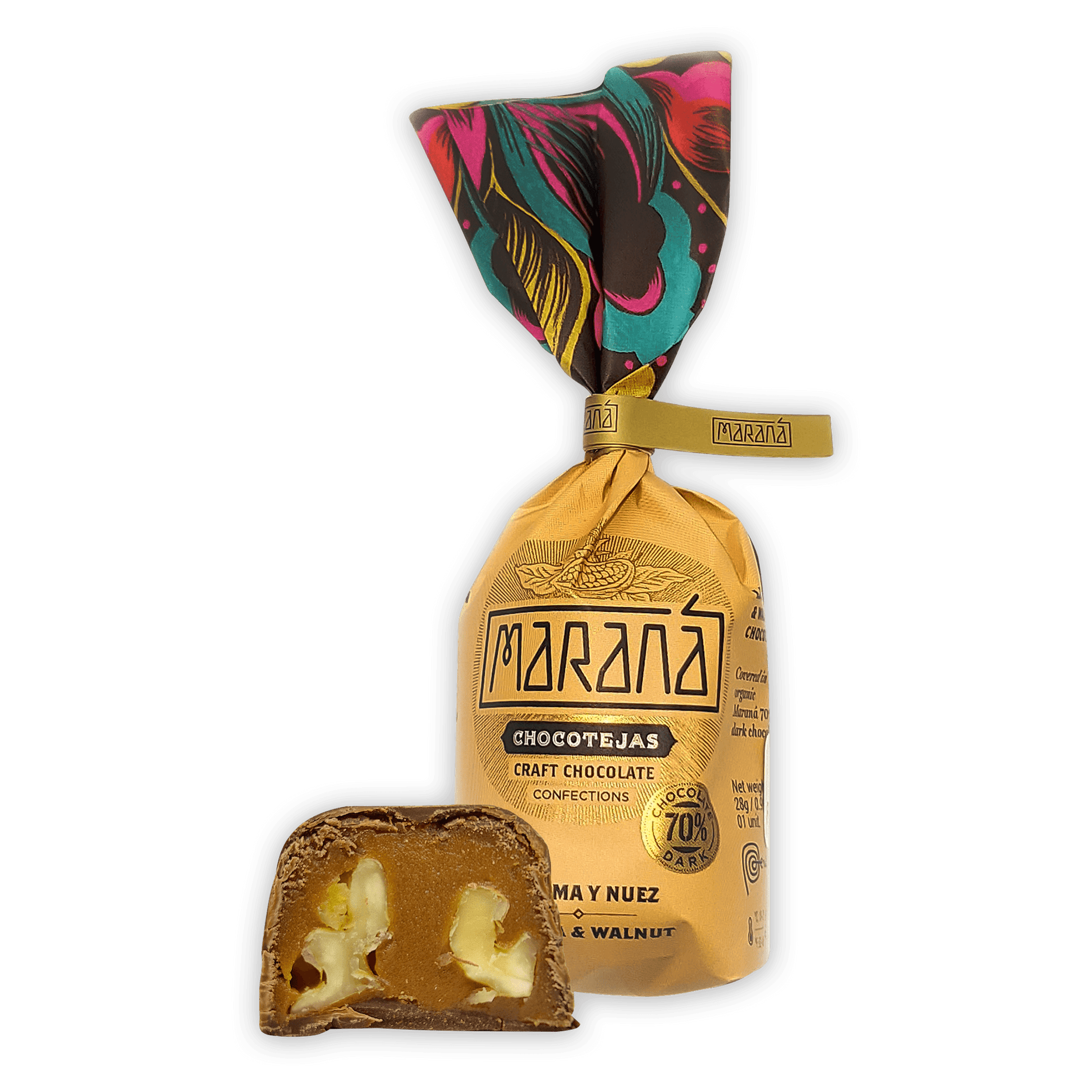 Marana Chocotejas Peruvian bon bons: golden-wrapped 70% dark chocolate with white filling, 6-pc gift box