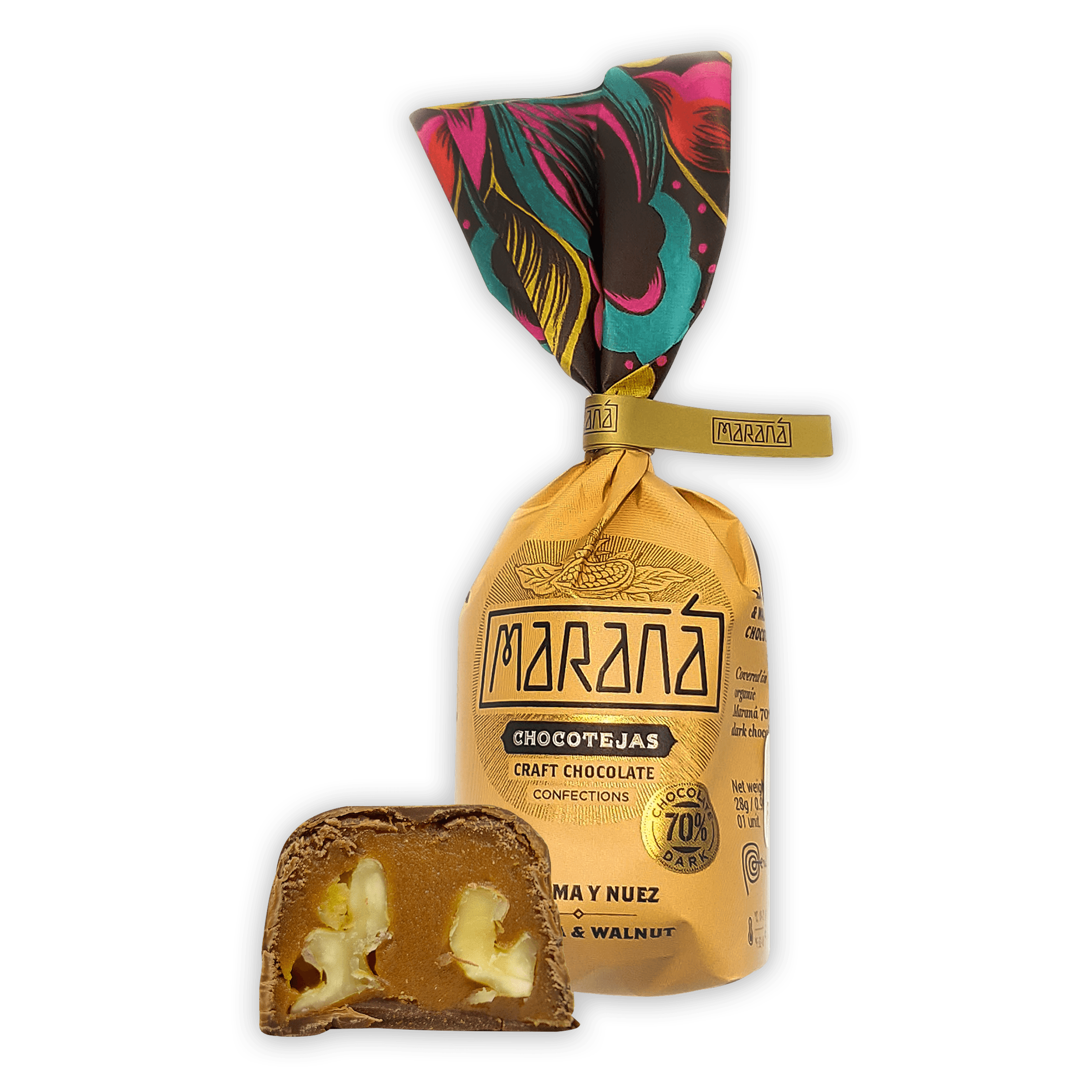 Marana Chocotejas Peruvian bon bons: golden-wrapped 70% dark chocolate with white filling, 6-pc gift box