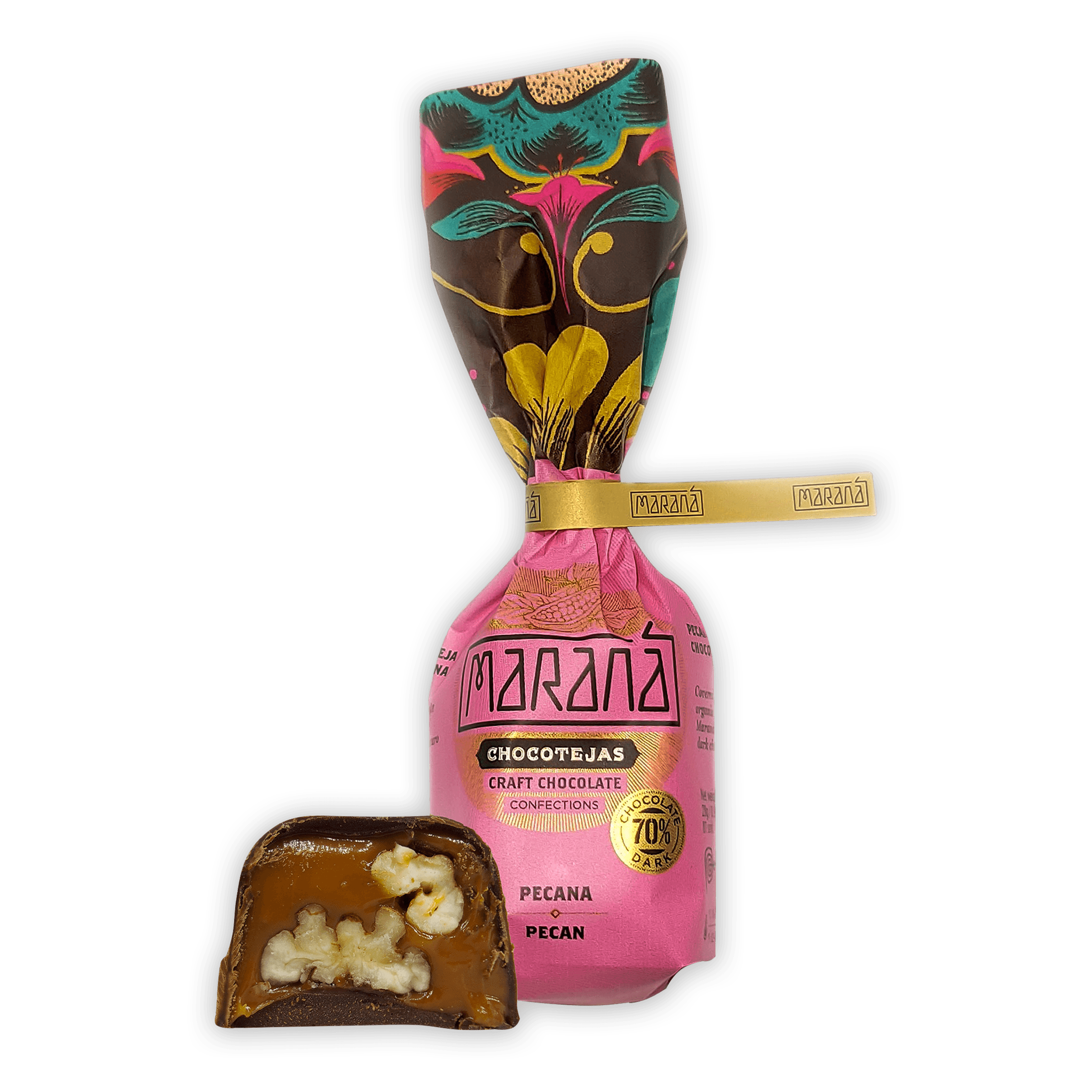 Vibrant pink Marana 70% cacao chocolate bar in Chocotejas gift box