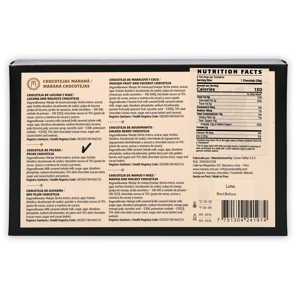 Back of Marana Chocotejas Peruvian bon bons gift box with flavors, nutrition, ingredients