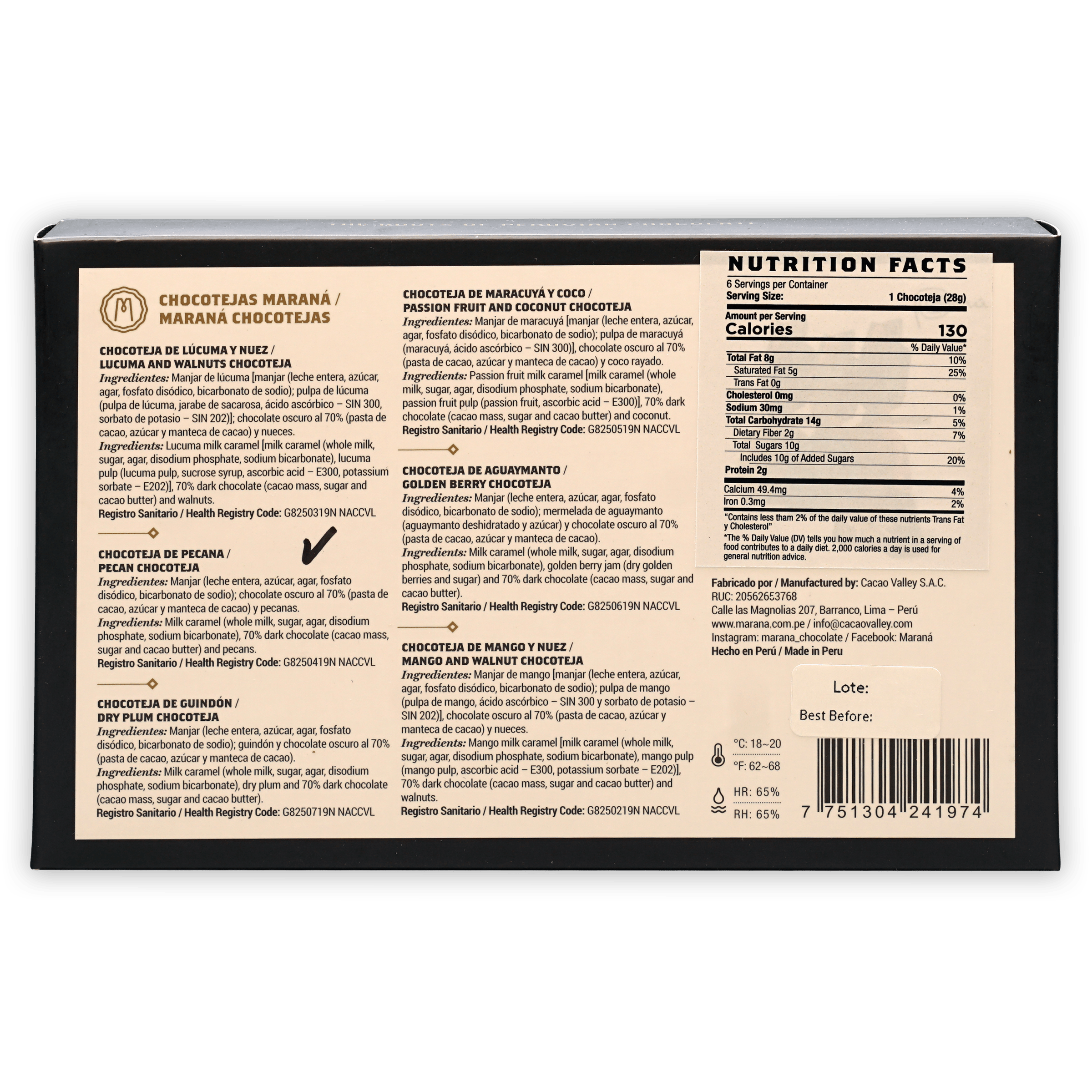 Back of Marana Chocotejas Peruvian bon bons gift box with flavors, nutrition, ingredients