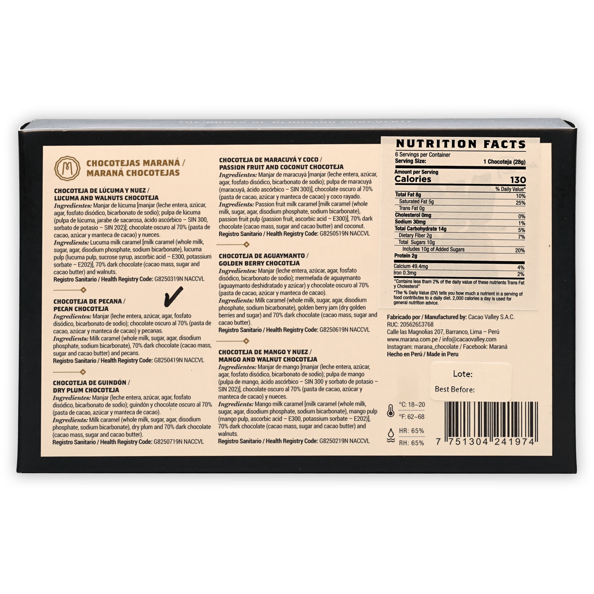 Back of Marana Chocotejas Peruvian bon bons gift box with flavors, nutrition, ingredients