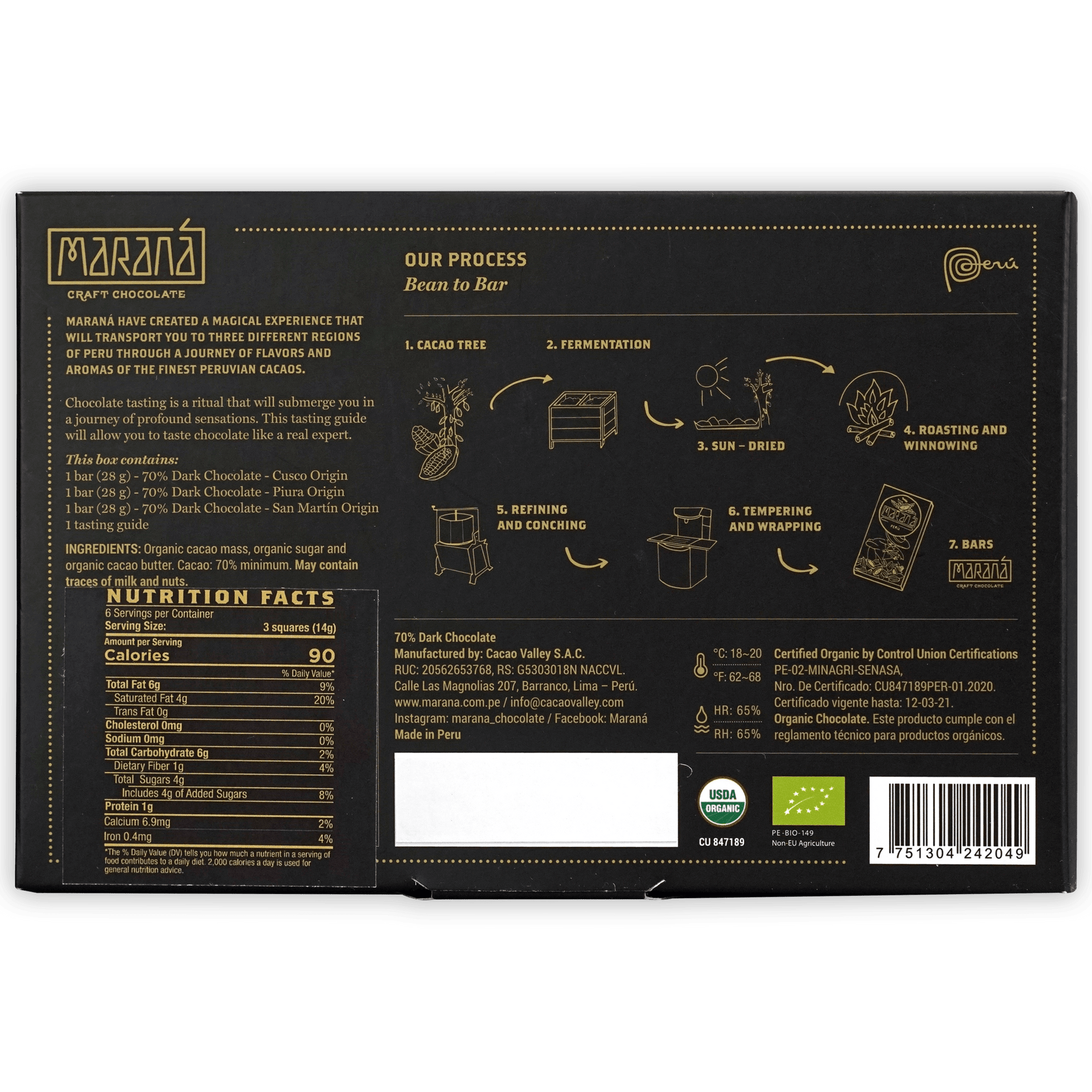Marana Mini Tasting Box 70% black chocolate with gold foil bean-to-bar details