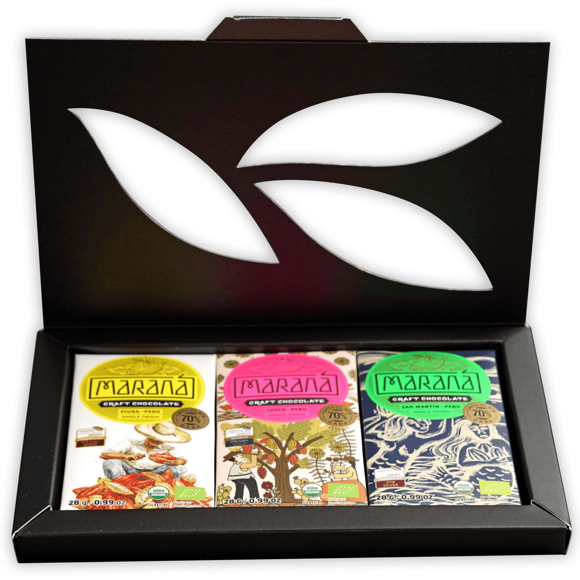 Marana Mini Tasting Box 70%: black box with 3 craft bars
