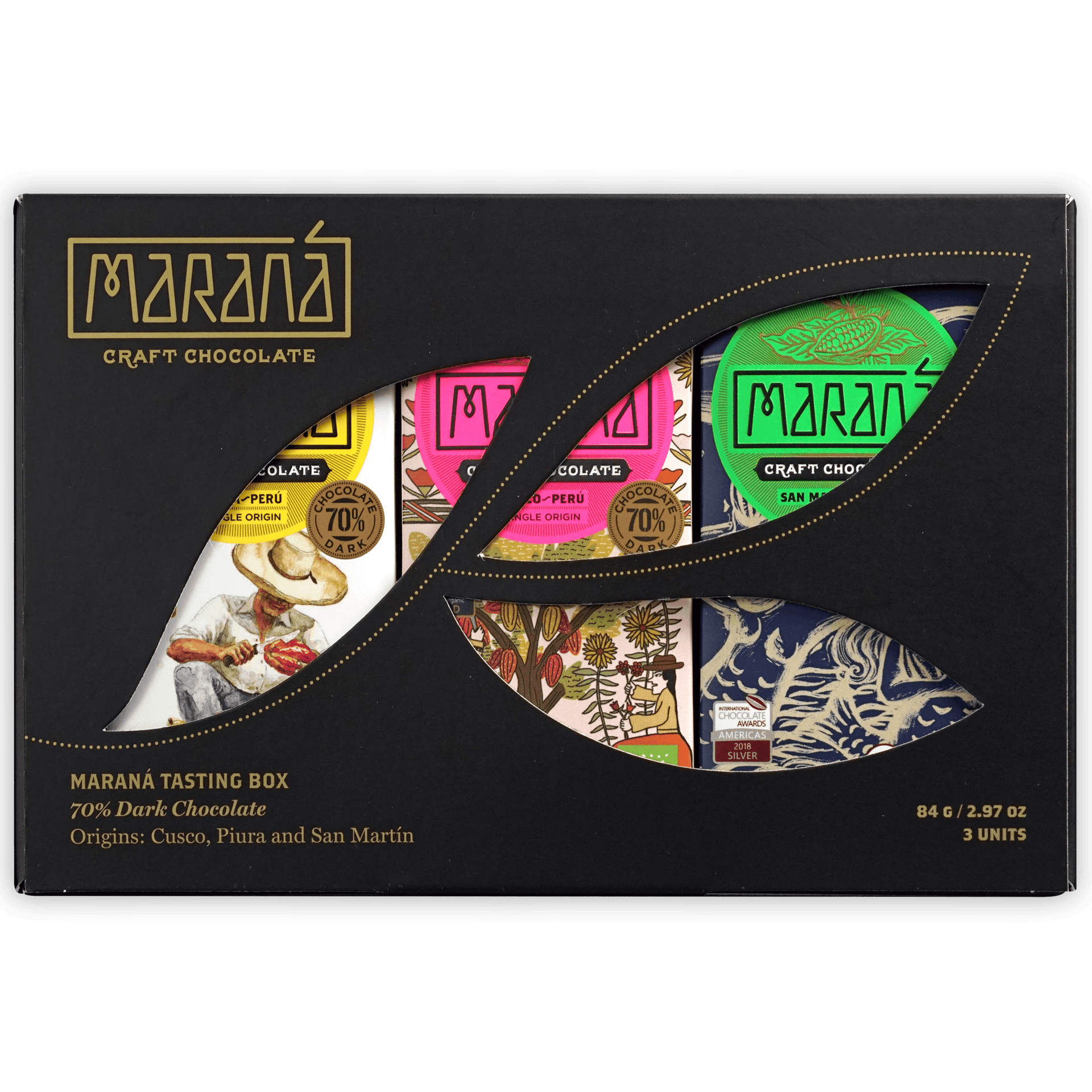 Marana Mini Tasting Box 70%: black craft chocolate with colorful bars