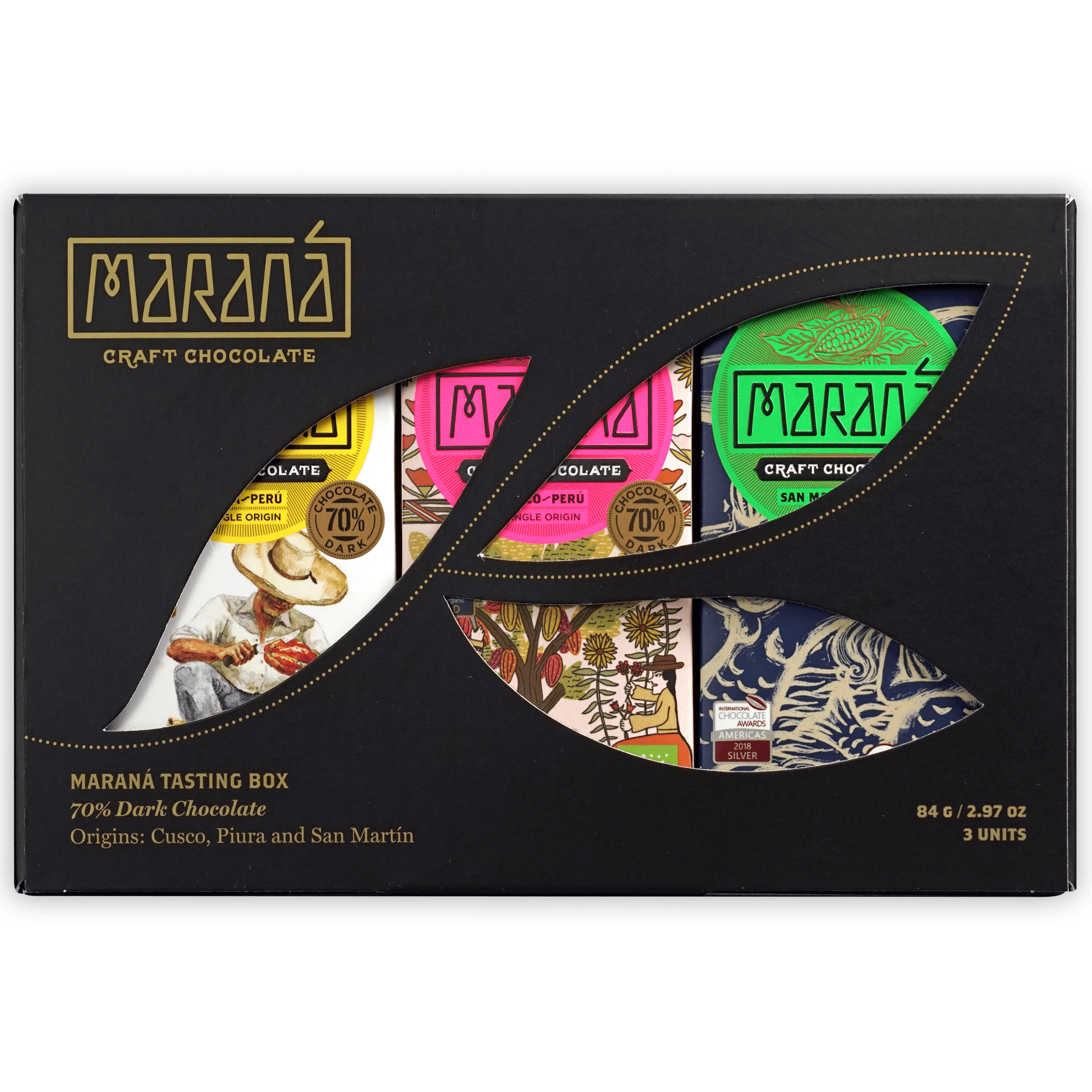 Marana Mini Tasting Box 70%: black craft chocolate with colorful bars