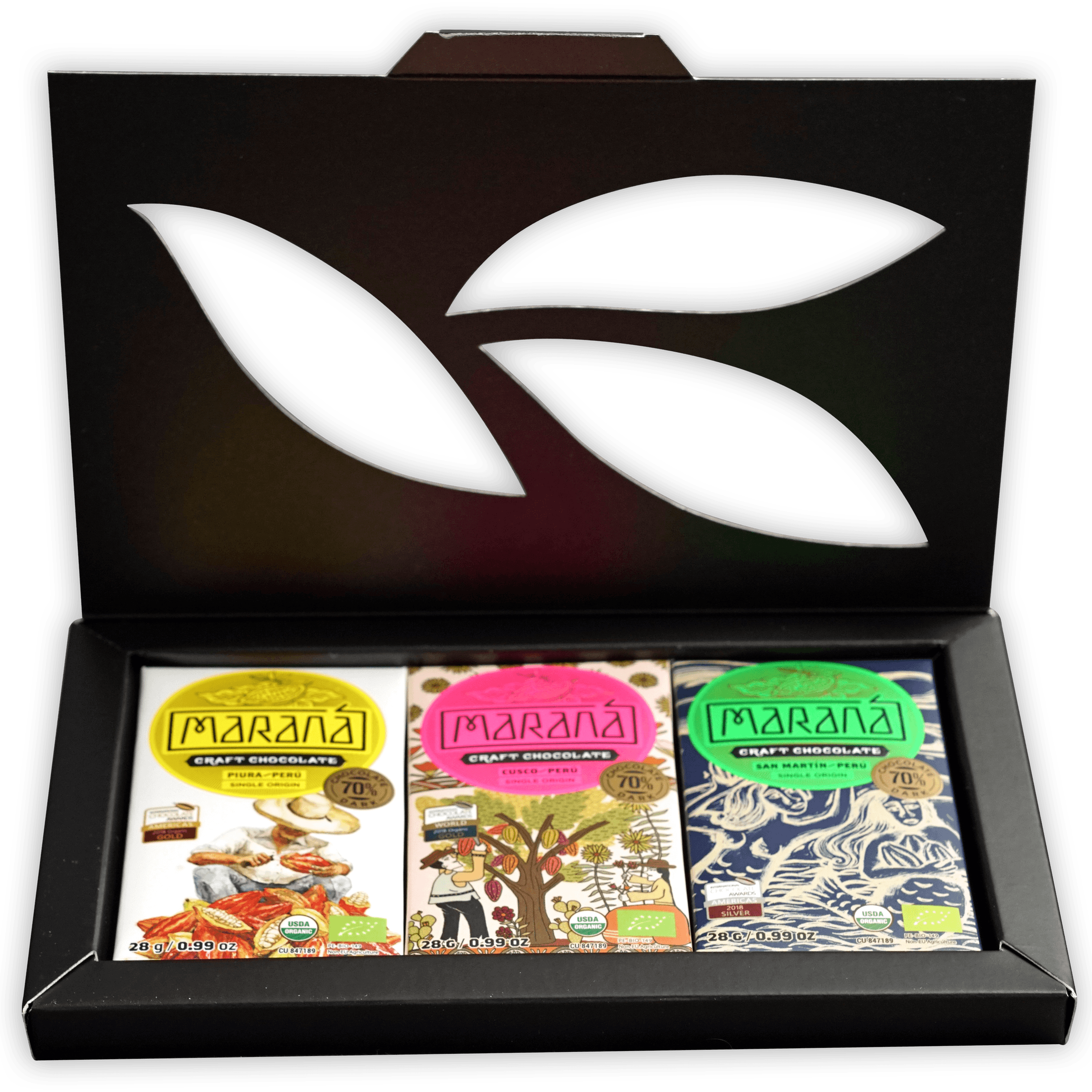 Marana Mini Tasting Box 70%: black box with 3 craft bars